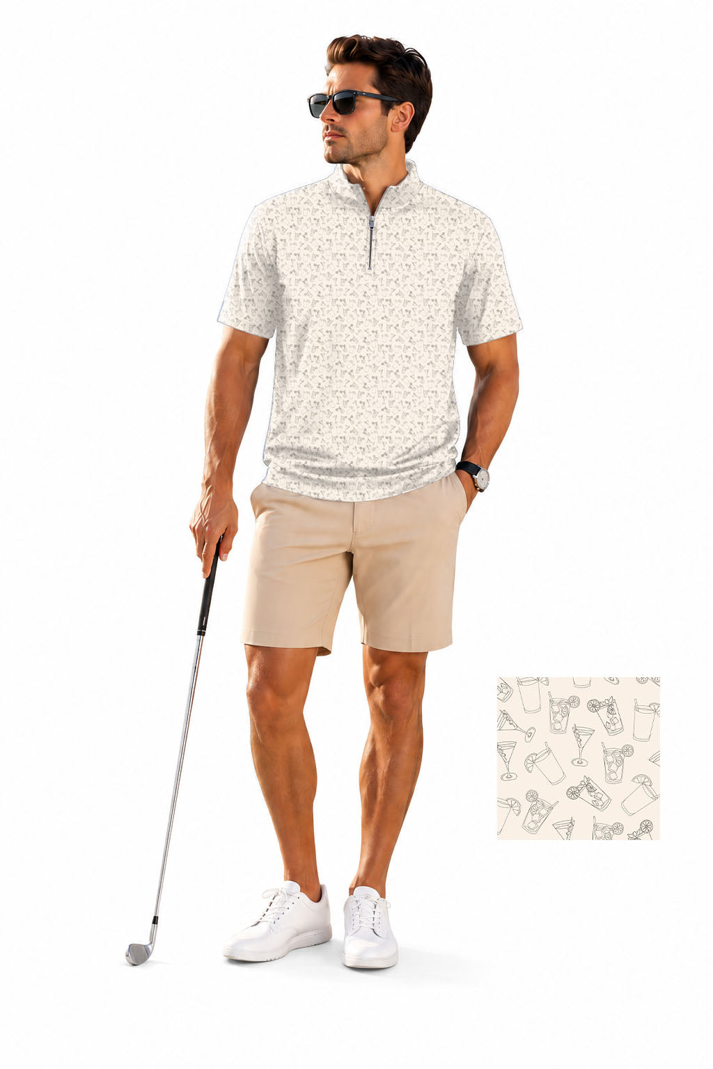 Men's Short Sleeve Quarter Zip Golf Pullover   Beige Juice Embroidery