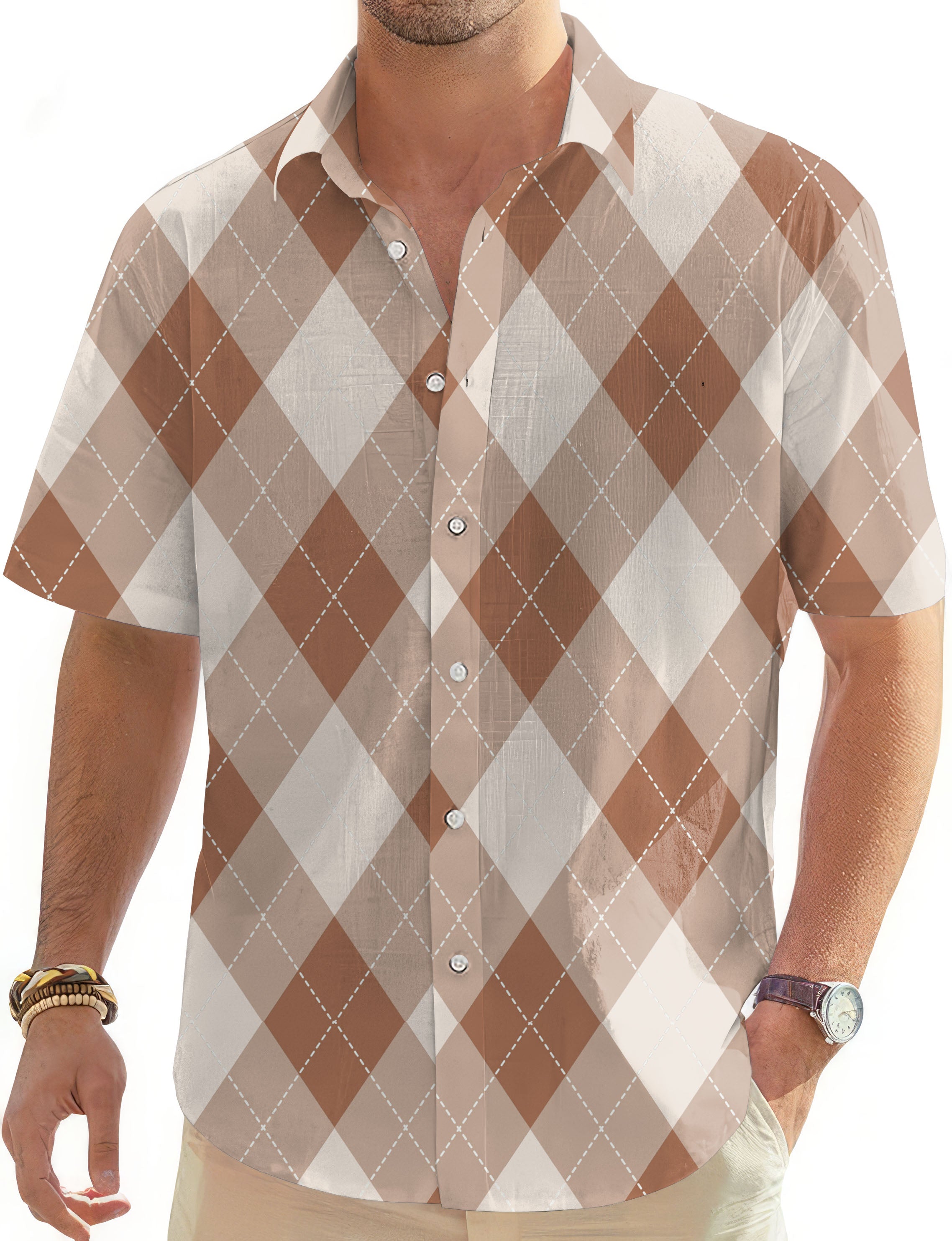 brown Argyle-Men's Golf Hawaiian Shirts Button Down Shirt