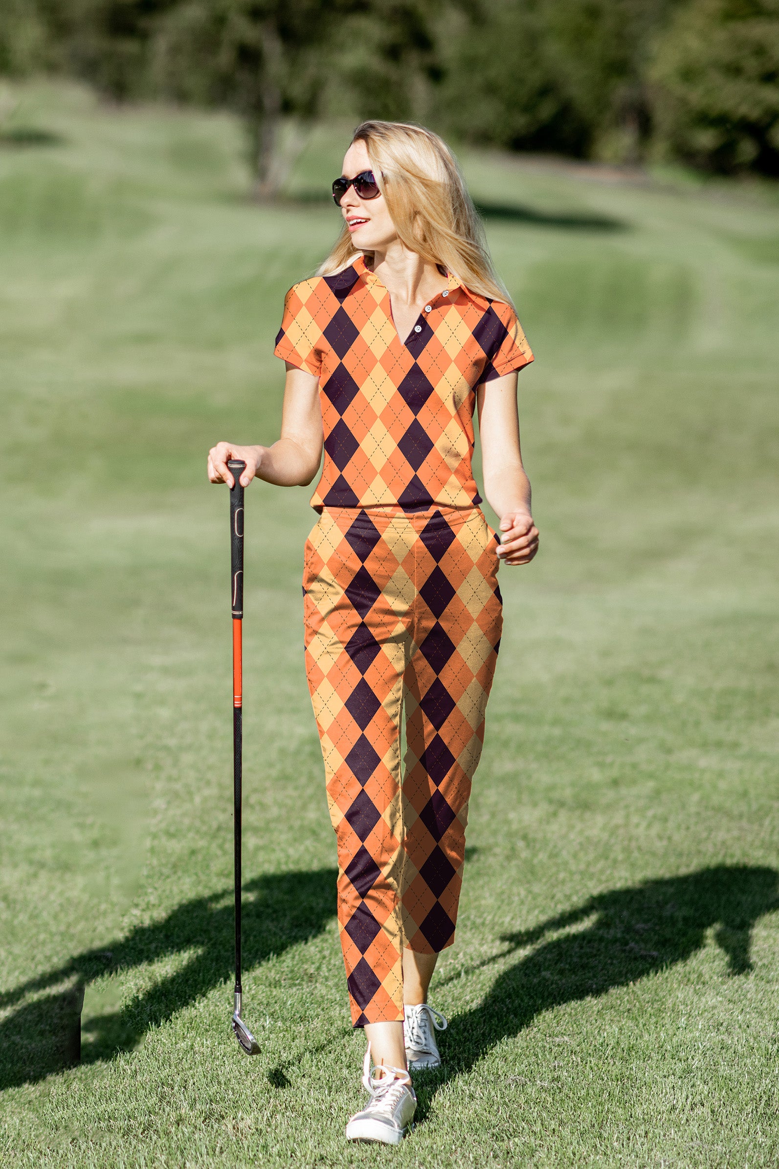 Women's Golf Polo+Pants Set Halloween Black Light Yellow Orange Argyle