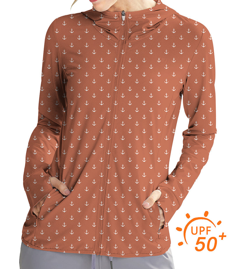 Women's outdoor dark orange slim fit golf hoodie with anchor pattern and UPF 50+ sun protection