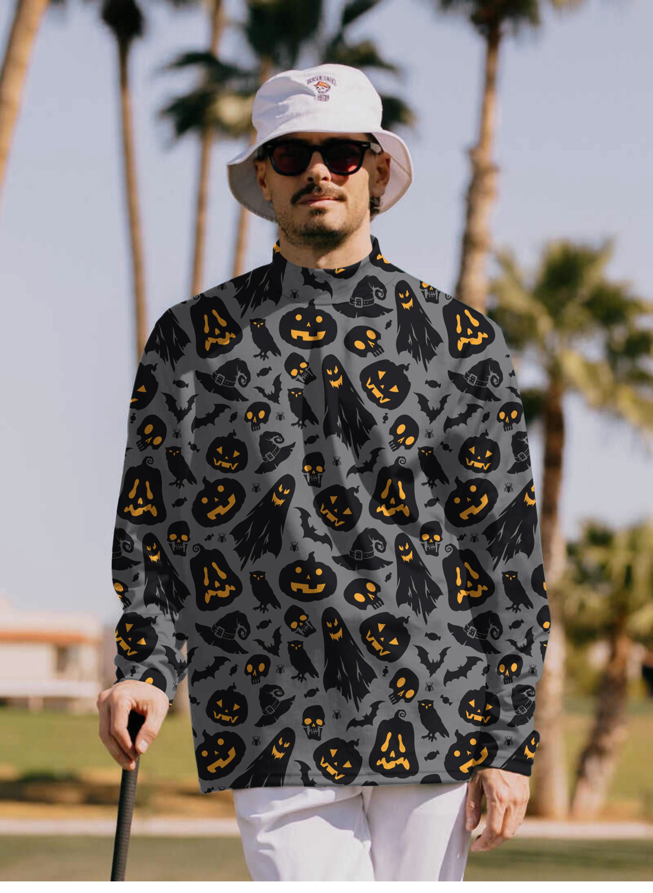 Men's Spooky Halloween Pullover High neck Long/Short sleeve T-Shirt