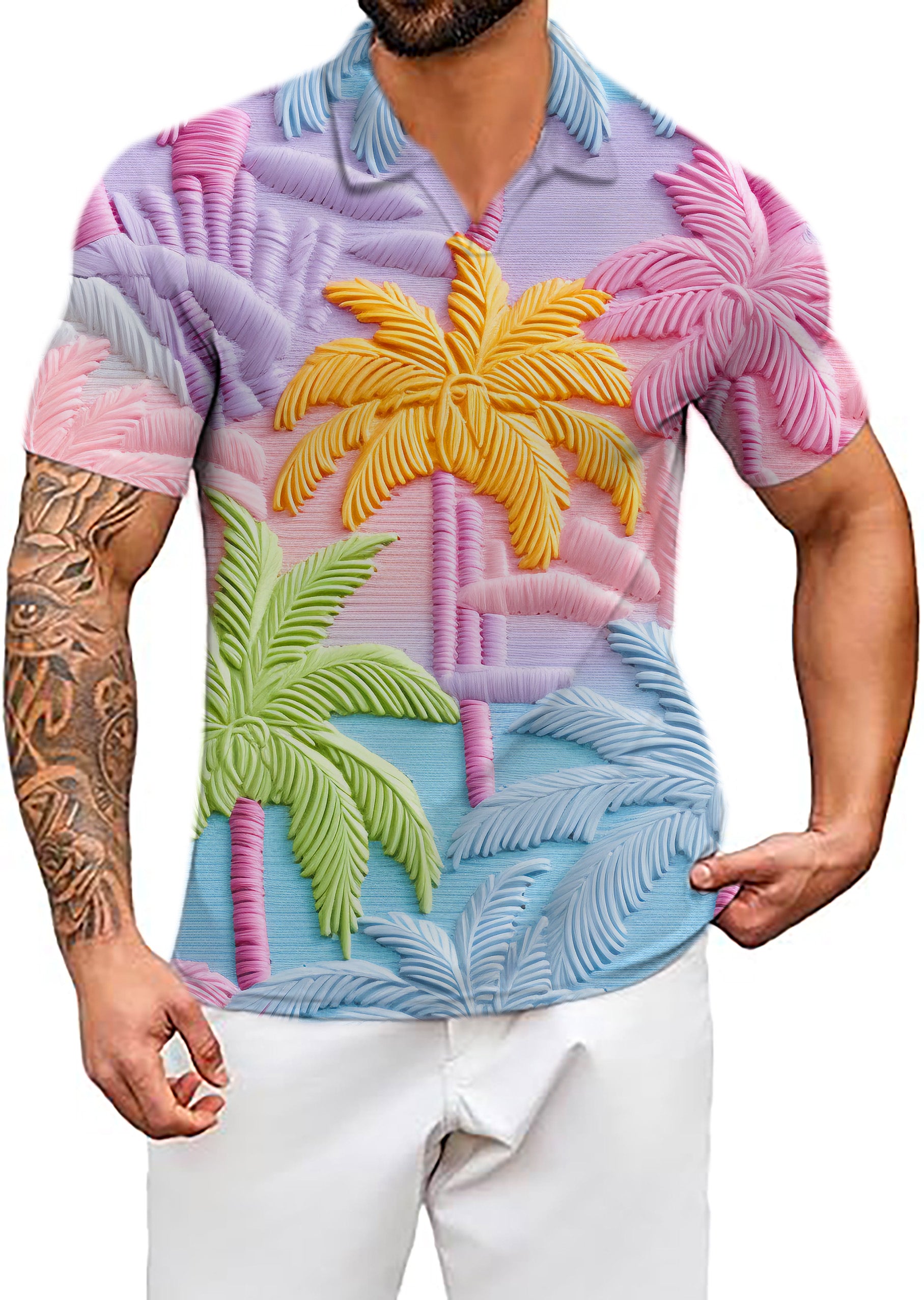 Men's 3D coconut trees V Neck Golf Polo Shirts