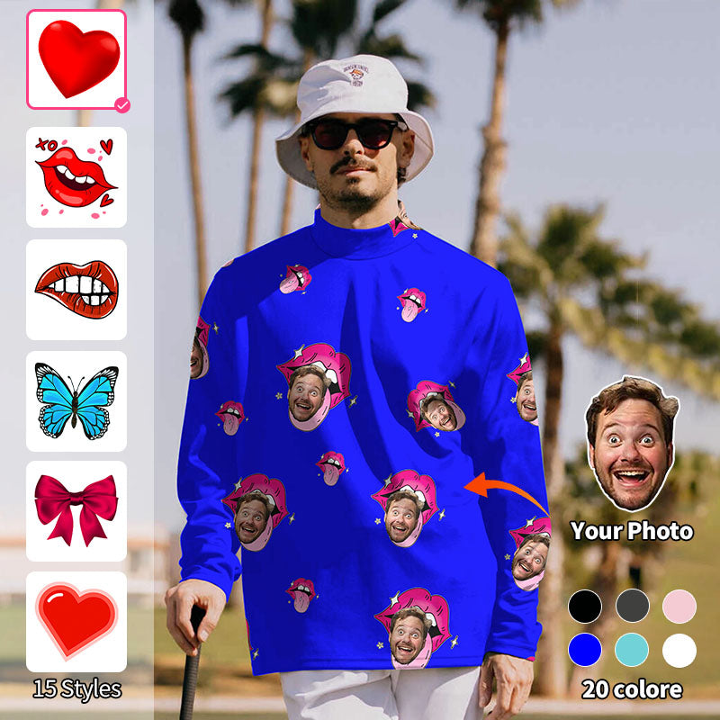 Valentine's Day Men's Custom Photo Face Custom Color Royal Love Pullover High Neck Long/Short Sleeve T-Shirt