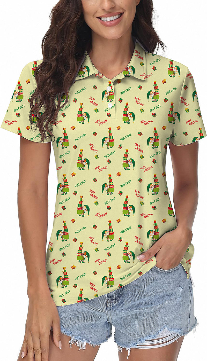 Christmas Little Green Man women's golf polo with festive green character print, moisture-wicking fabric, four-way stretch, UPF 40+ protection, and wrinkle-resistant classic fit.