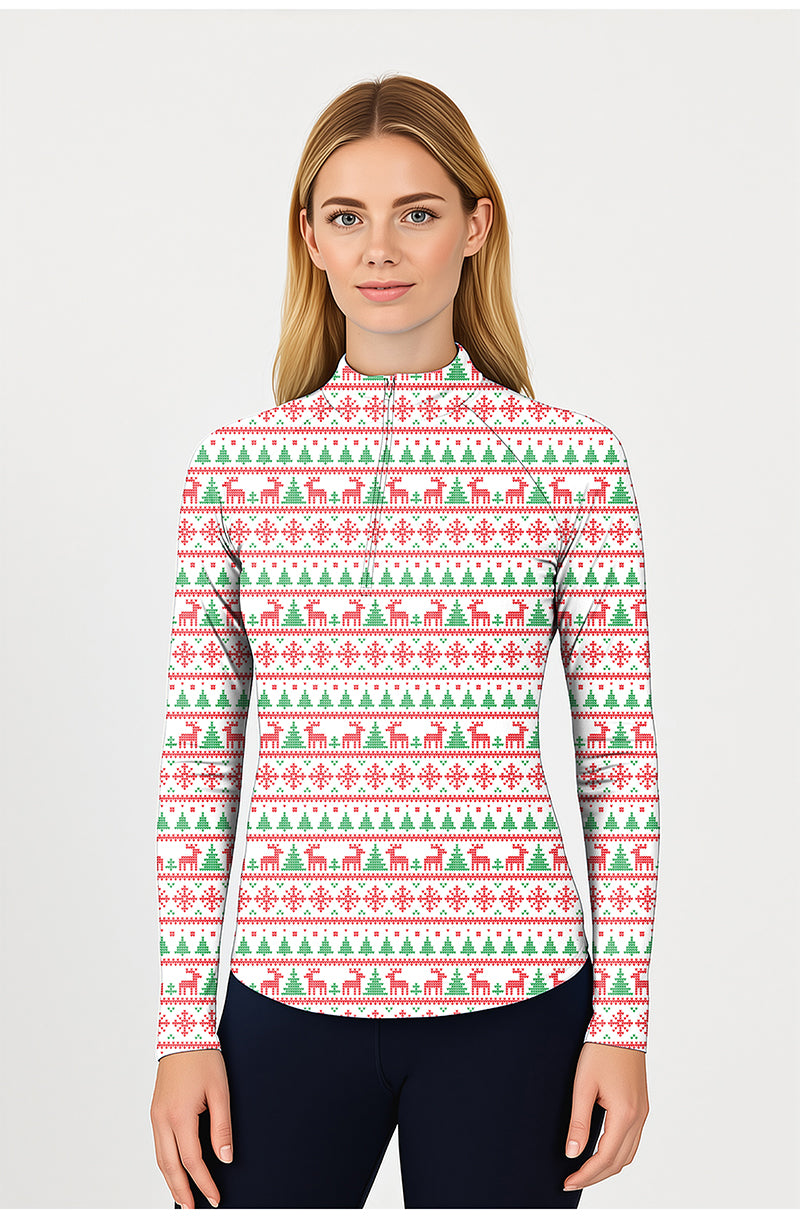 Christmas red and blue tree Women's Golf Active 3/4 Zip Top Long Sleeves