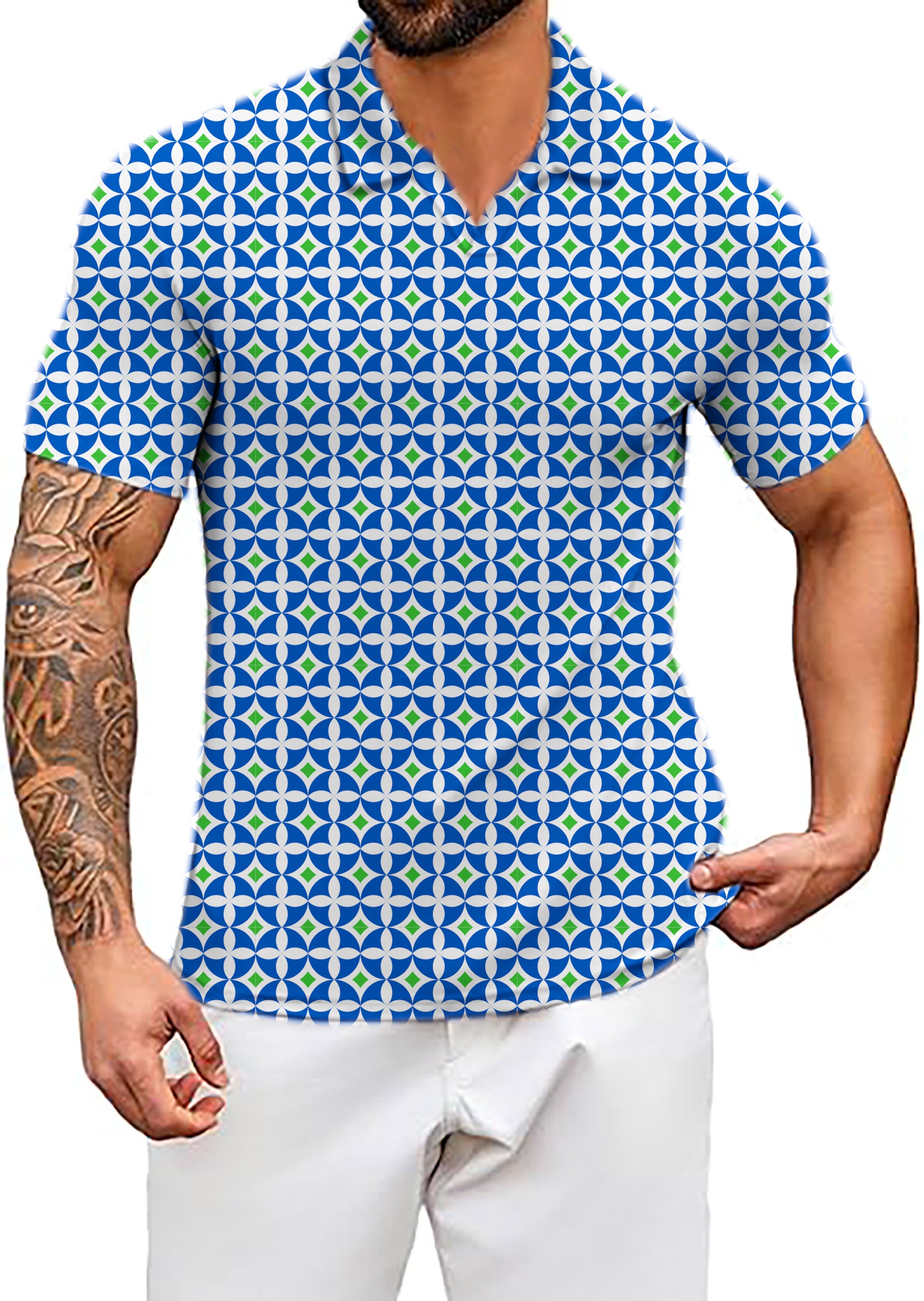 Men's Blue-Green Diamond V Neck Golf Polo Shirts