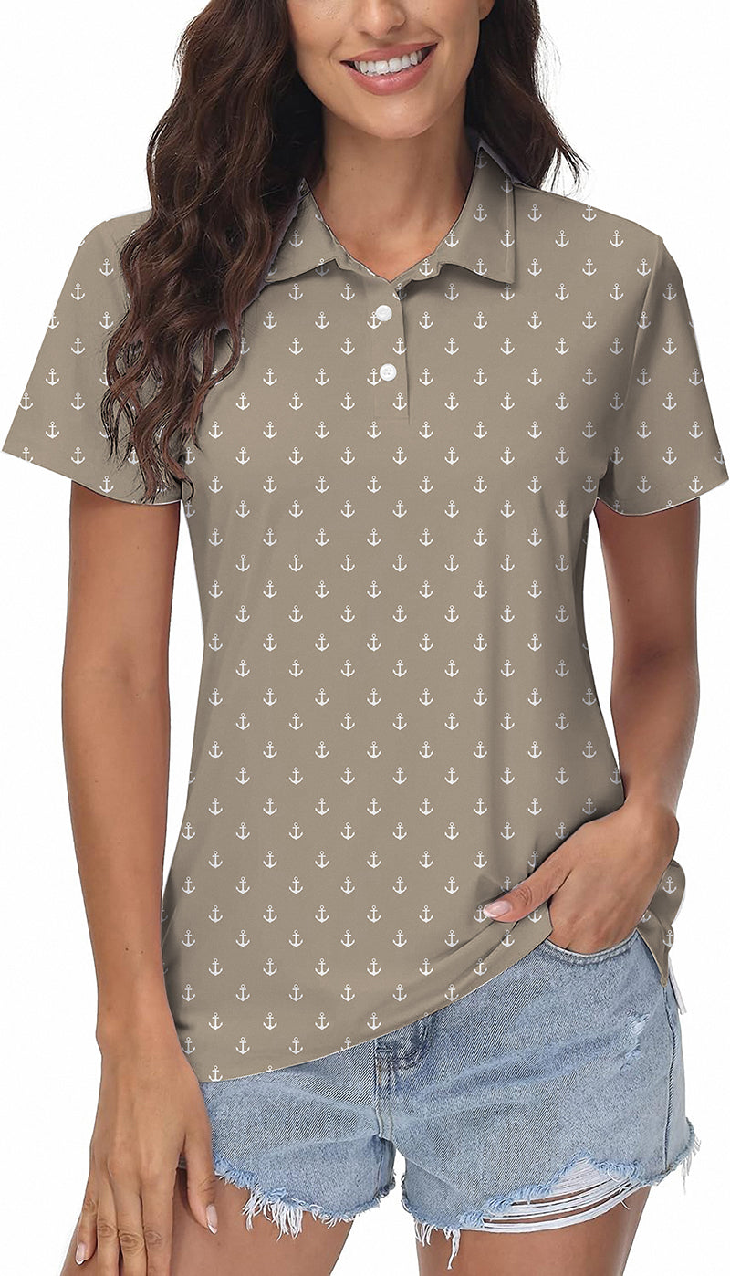 Beige Anchor Women's Golf Polo with moisture-wicking fabric, four-way stretch, wrinkle resistance, UPF 40+, and classic fit.
