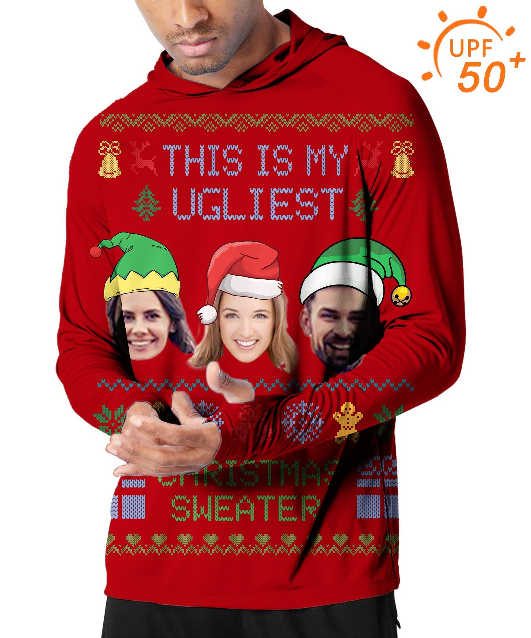 Men's Outdoor Red-Christmas custom face golf sun protection slim fit hoodie with UPF 50+ protection and personalized print