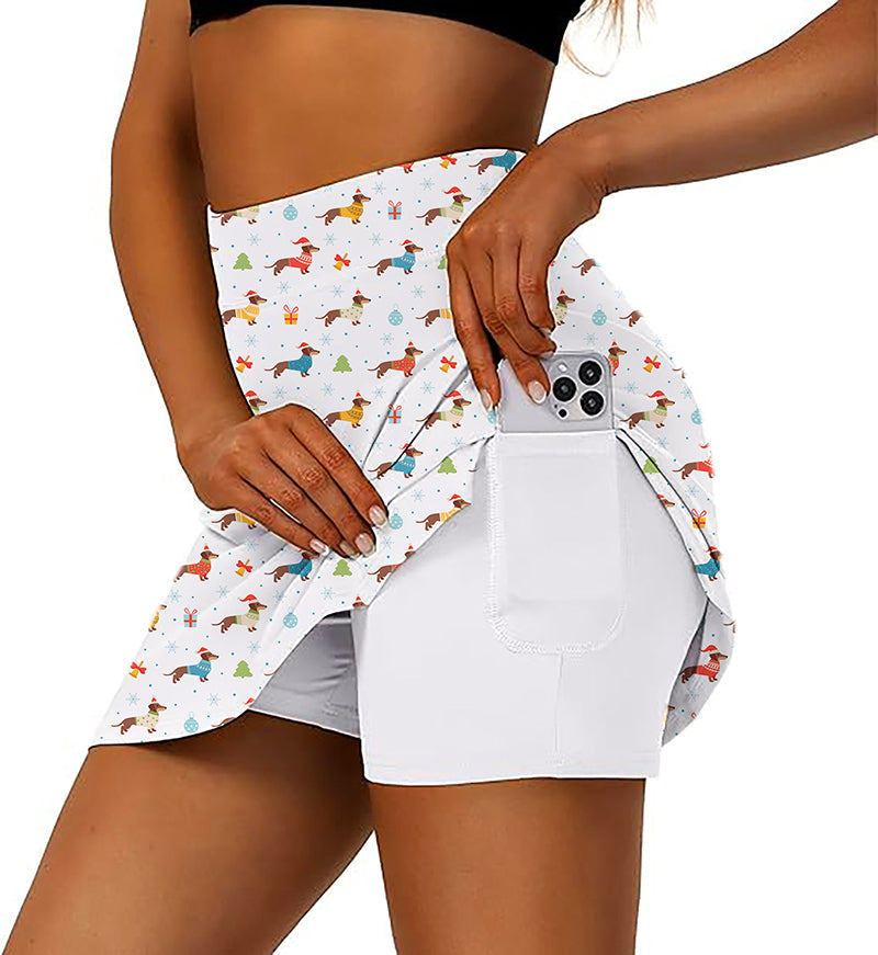 Women's Christmas Dachshund golf skirt with inner shorts and phone pocket in festive colorful print