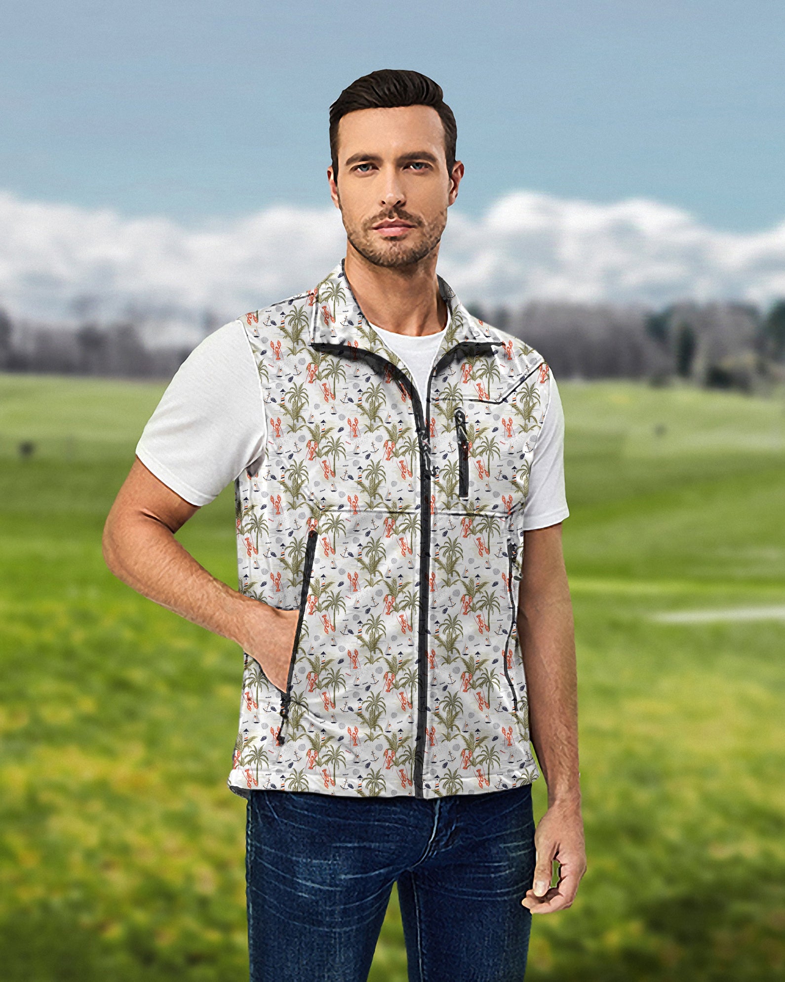 Men's Lobster water grass Lightweight Softshell Vest Sleeveless Jacket for Golf