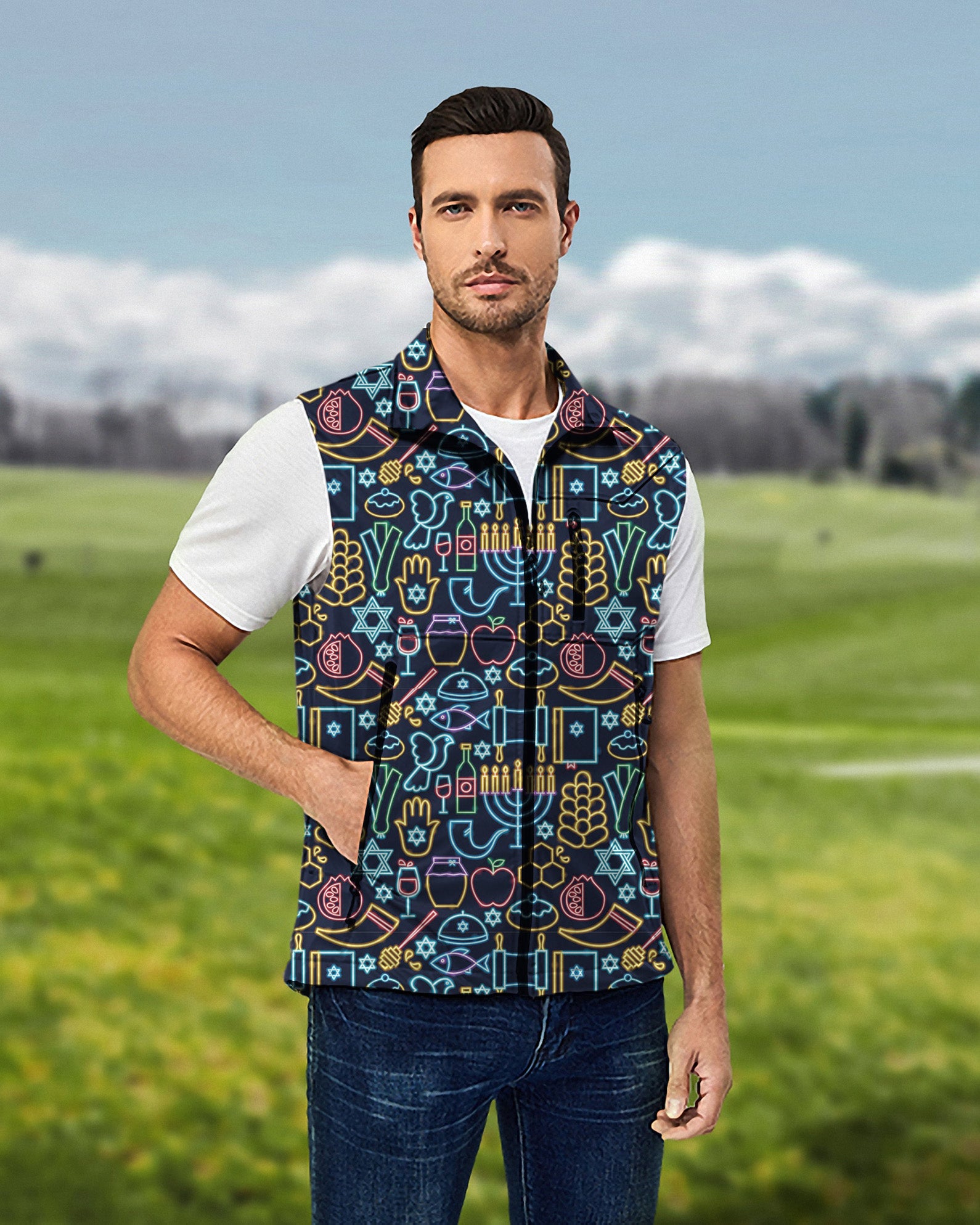 Men's Neon Rosh Hasanah Lightweight Softshell Vest Sleeveless Jacket for Golf Windproof Waterproof