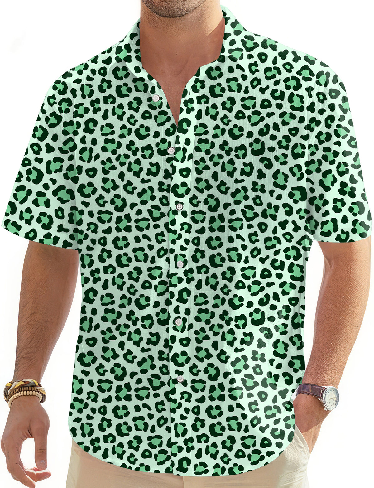 Green leopard print Men's Golf Hawaiian Shirts Button Down Shirt