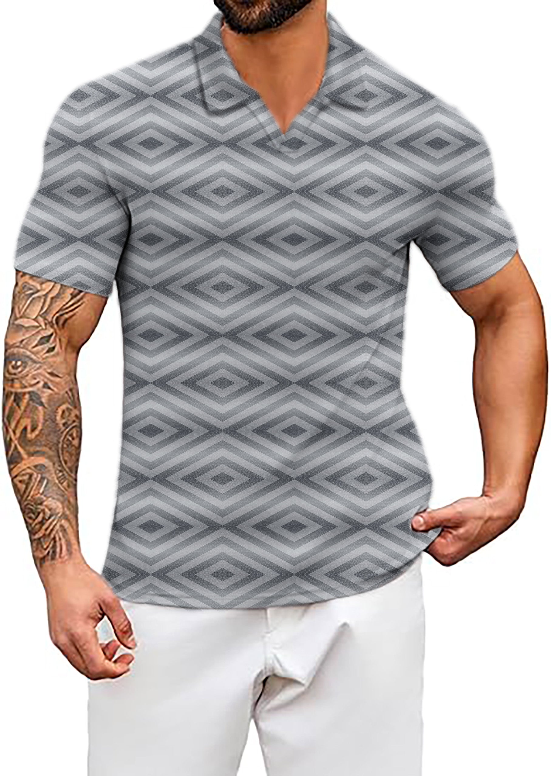 Men's Gray stripe V Neck Golf Polo Shirts