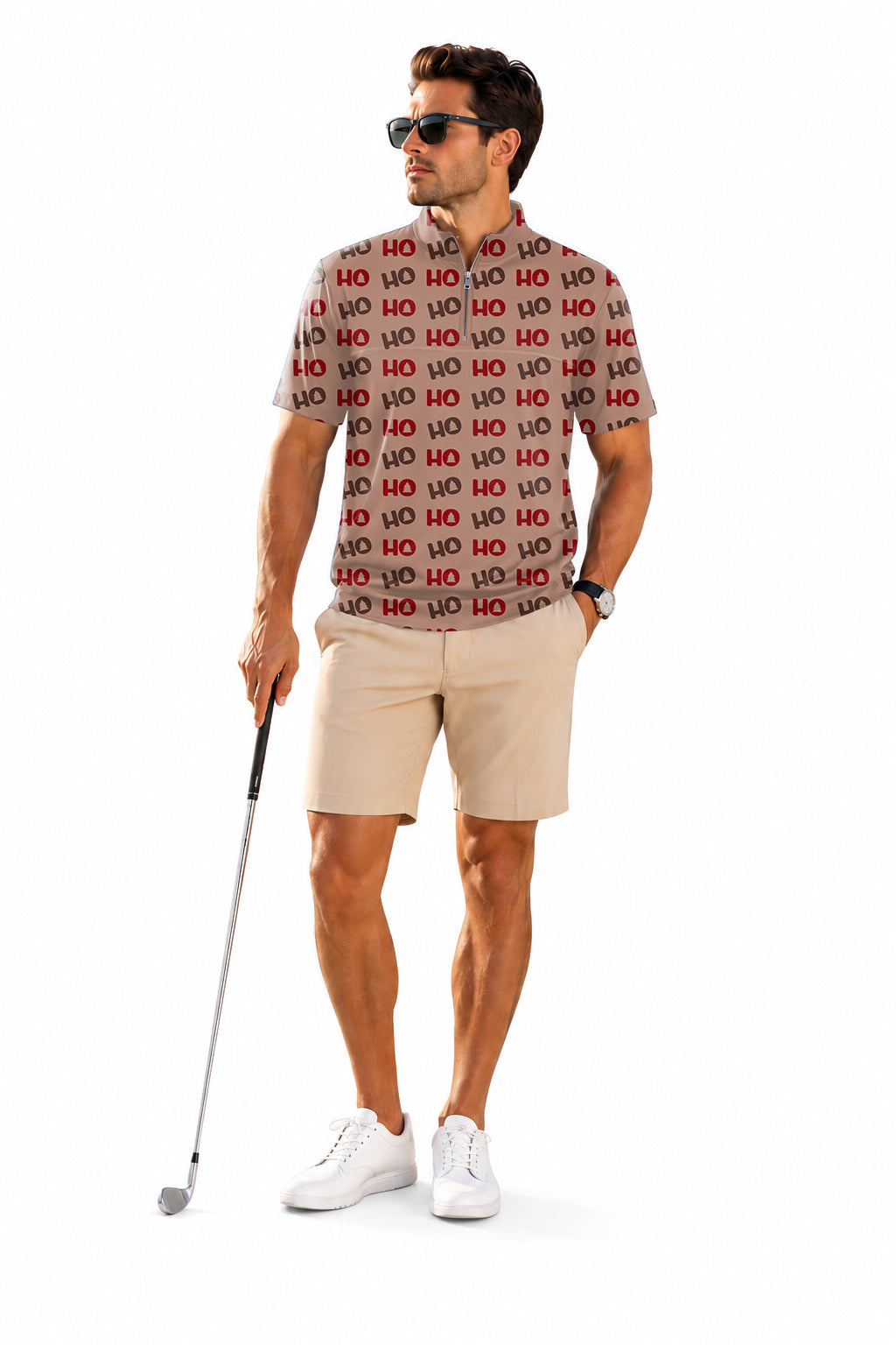Men's Short Sleeve Quarter Zip Golf Pullover Christmas Tree HO