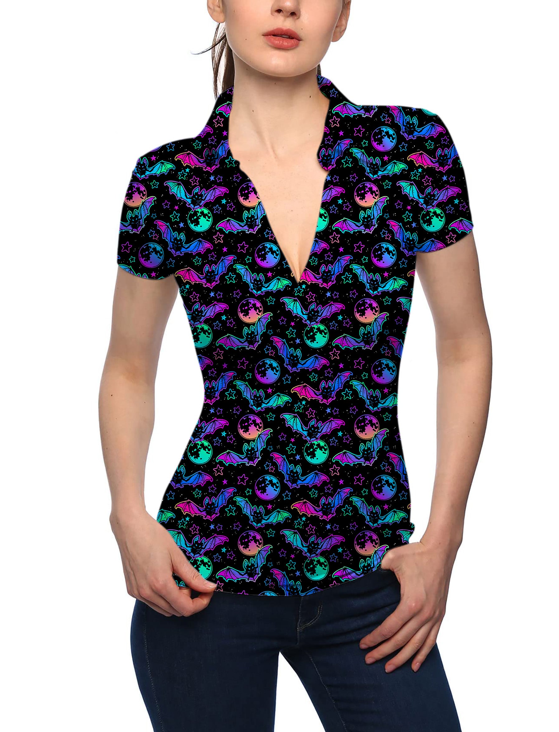 Women's Halloween Bat Moon V Neck Golf Polo