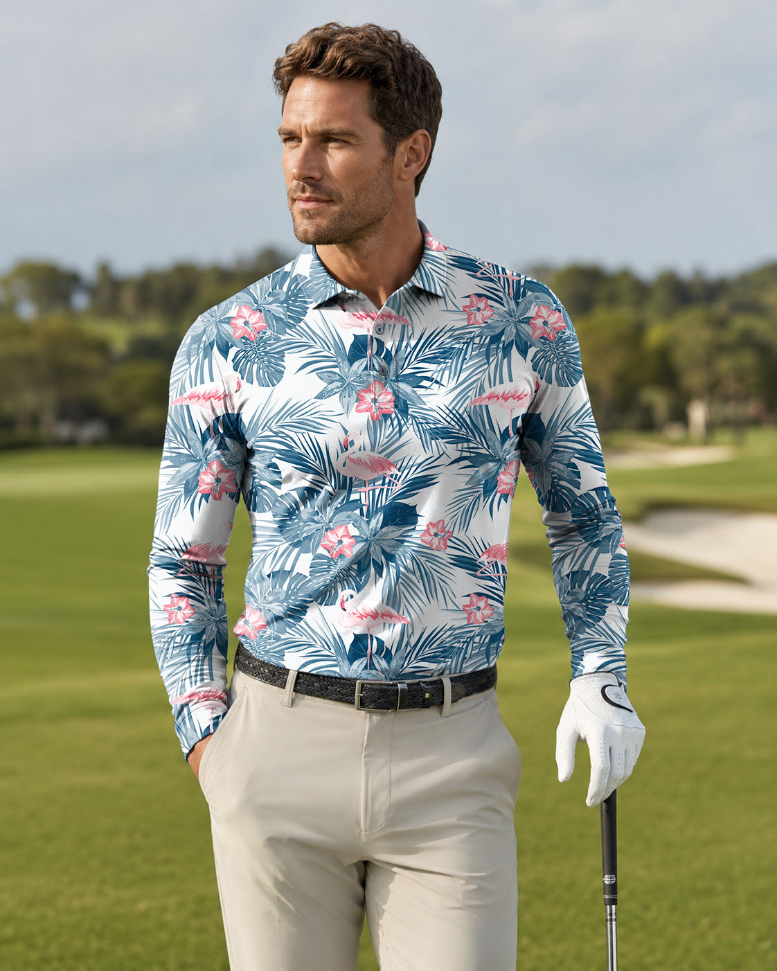 Blue leaf flamingo Mens Long-sleeved Polo