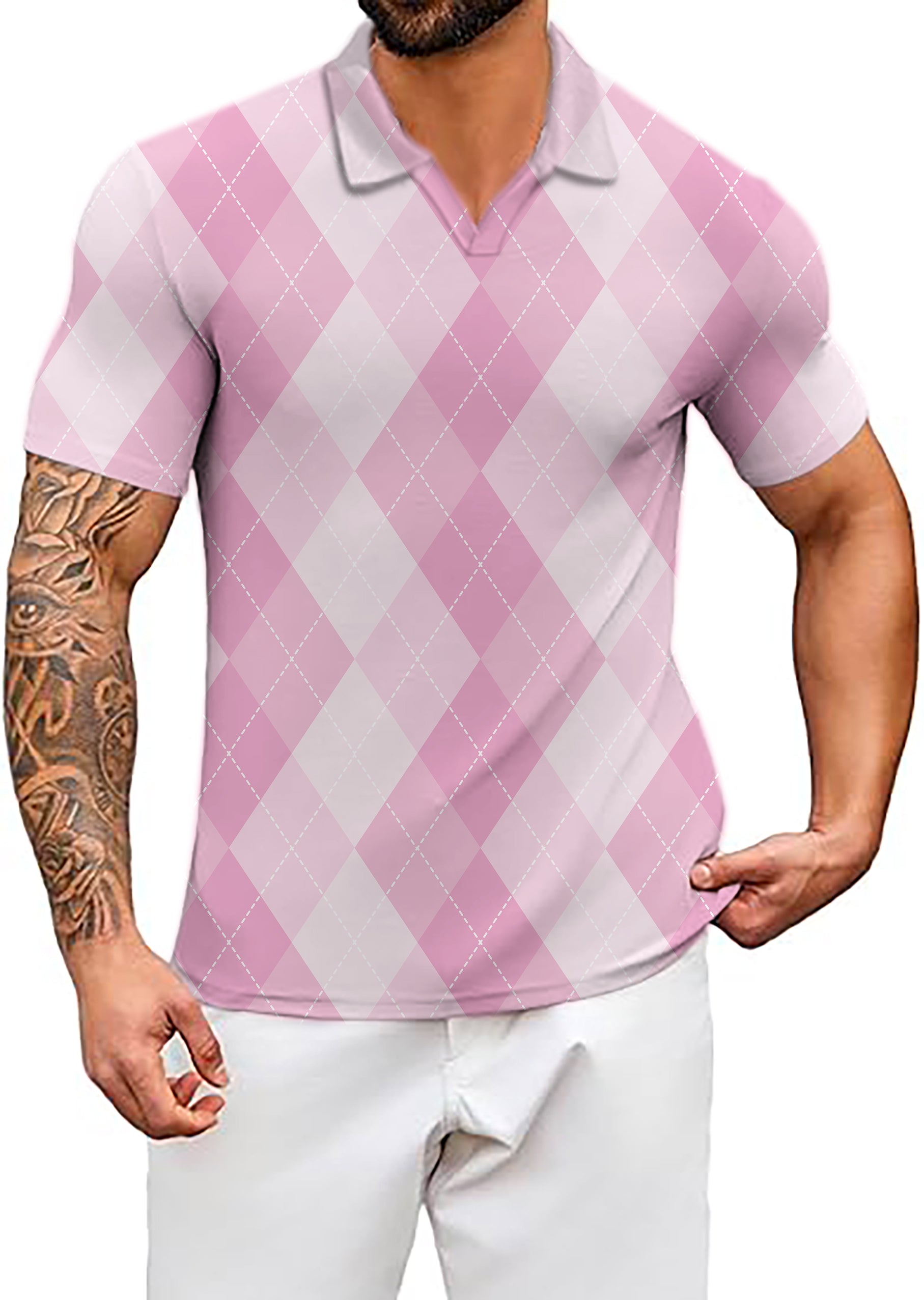 Men's pink Argyle V Neck Golf Polo Shirts