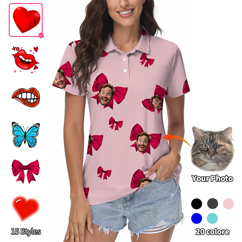 Valentine's Day custom photo face pink women's golf polo with bows and personalized face print