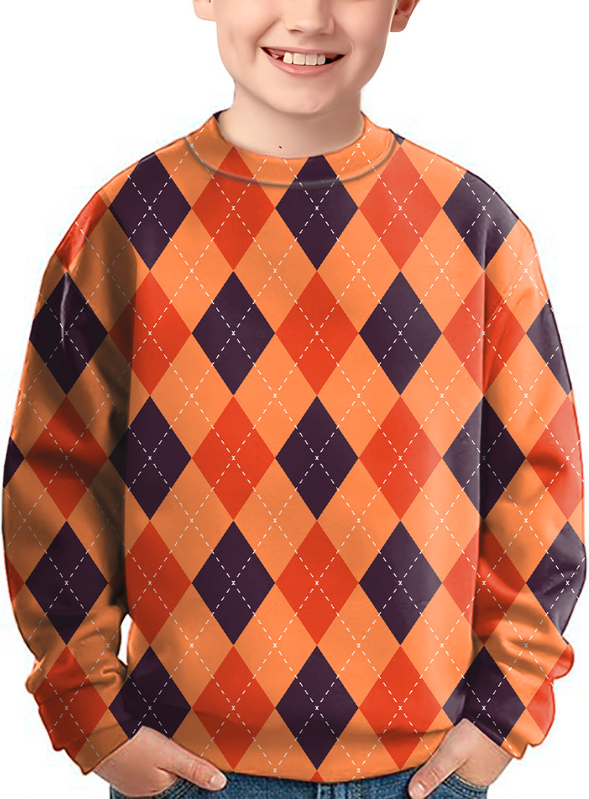 Halloween Black Red Orange Argyle Crewneck Pullover Kids Ugly Sweater