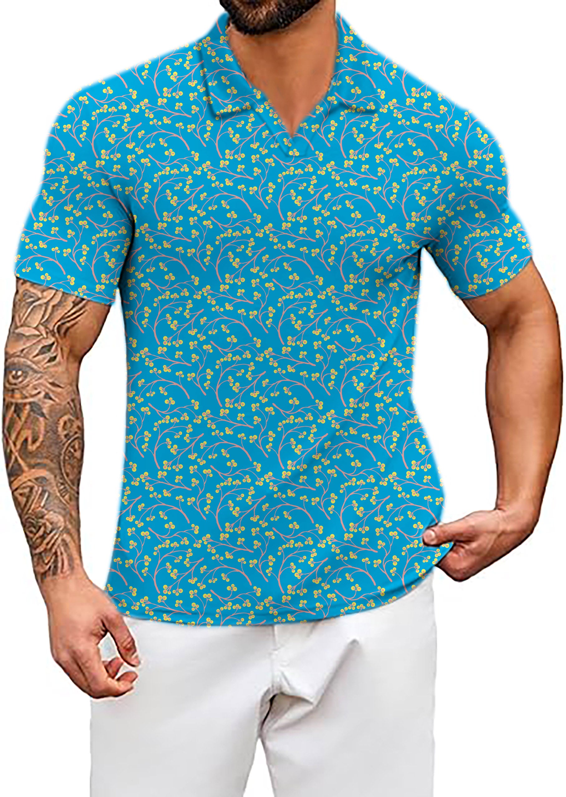 Men's Blue Flowers V Neck Golf Polo Shirts