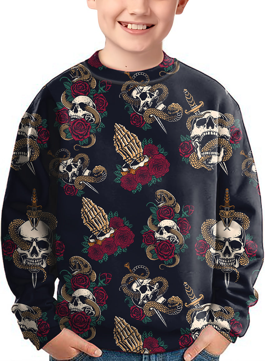 Halloween Snake Skeleton Crewneck Pullover Kids Ugly Sweater