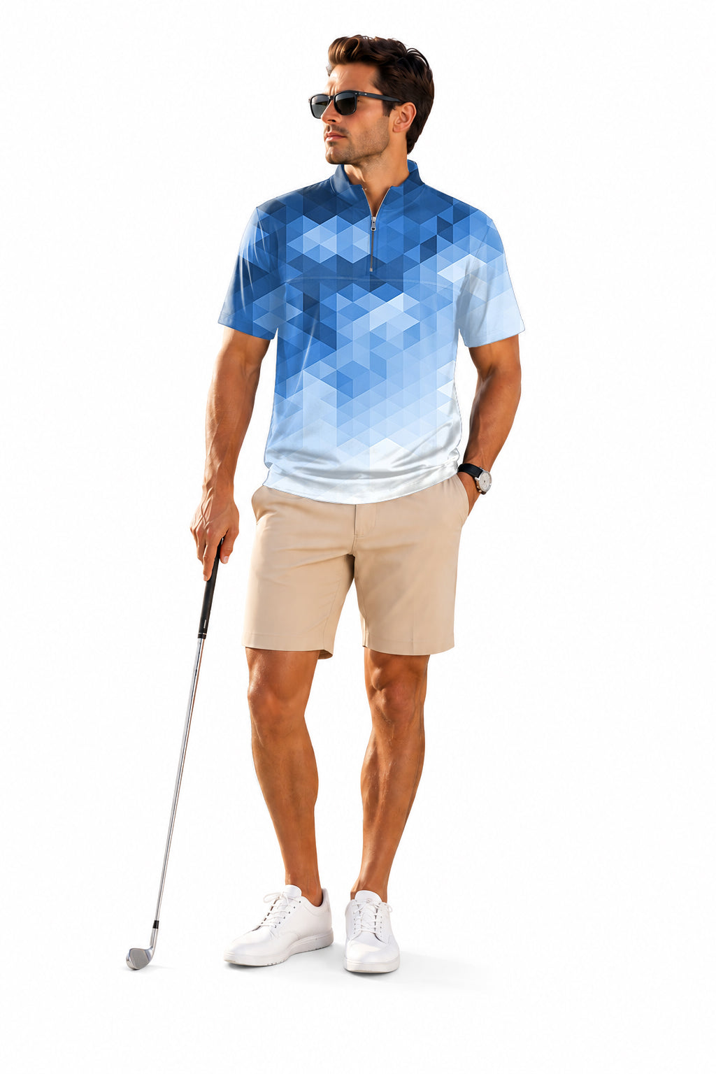 Men's Short Sleeve Quarter Zip Golf Pullover Abstract Blue Background With Triangular Pattern Embroidery