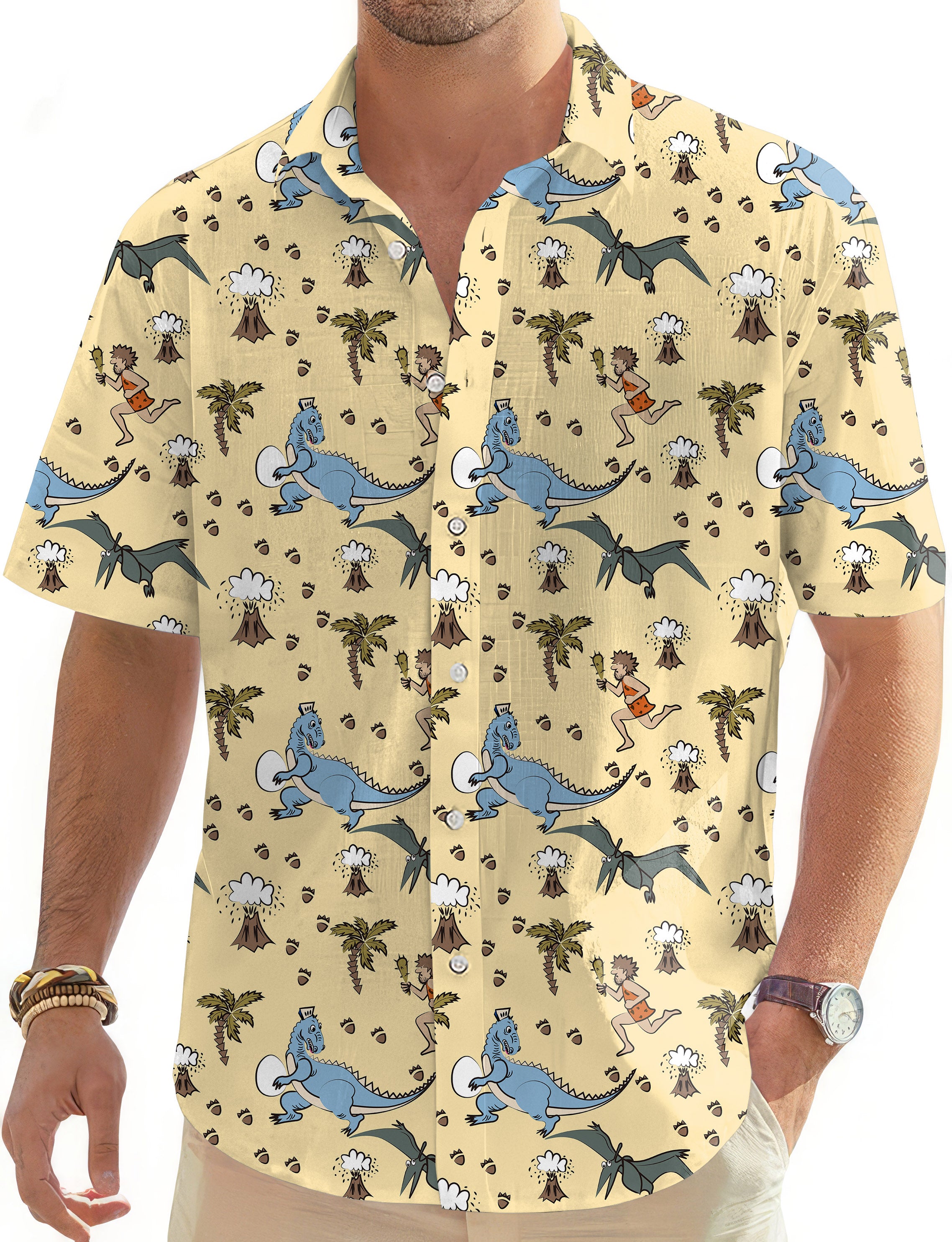 dinosaur wild man volcano Men's Golf Hawaiian Shirts Button Down Shirt