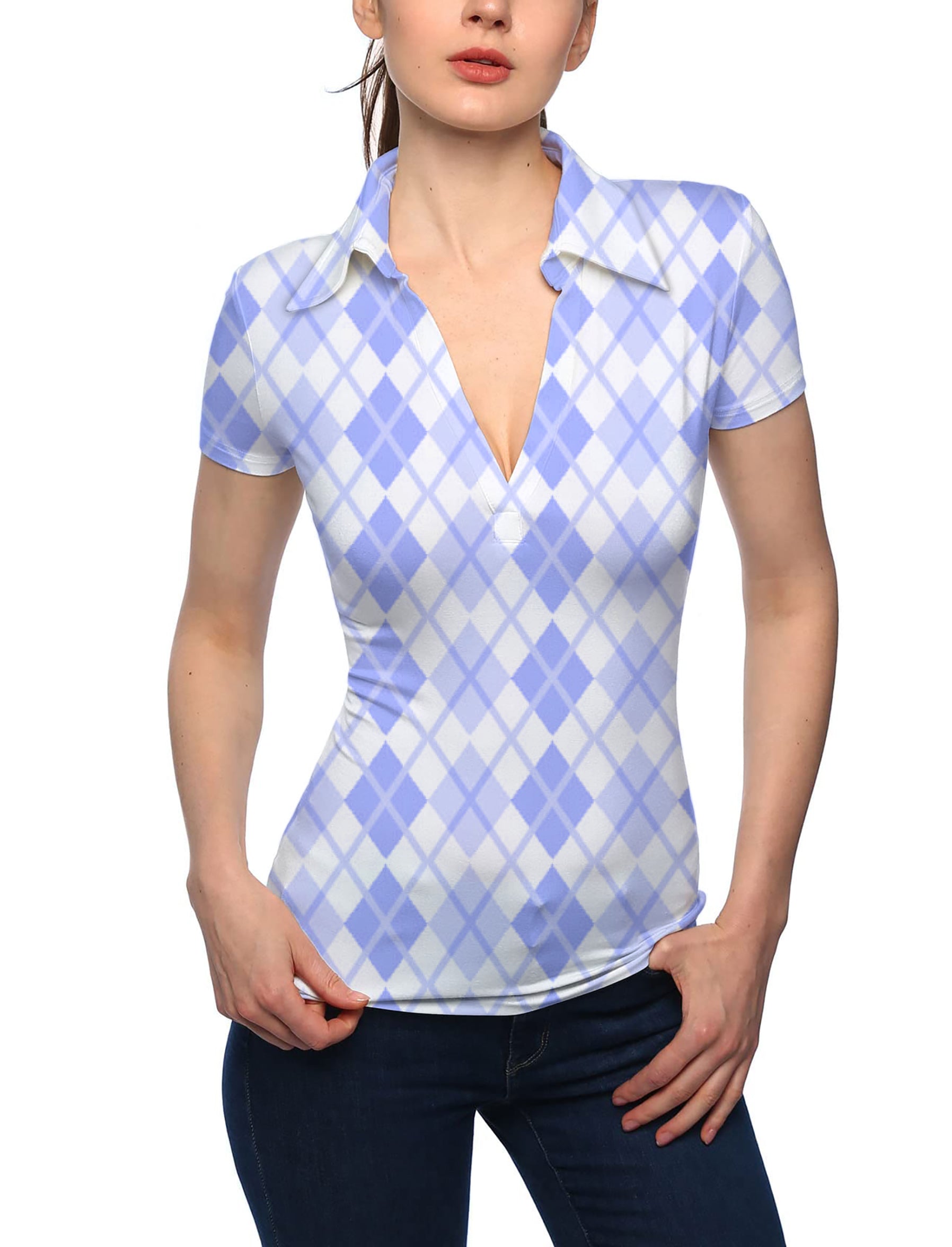 Women's Argyle purple grid V Neck Golf Polo
