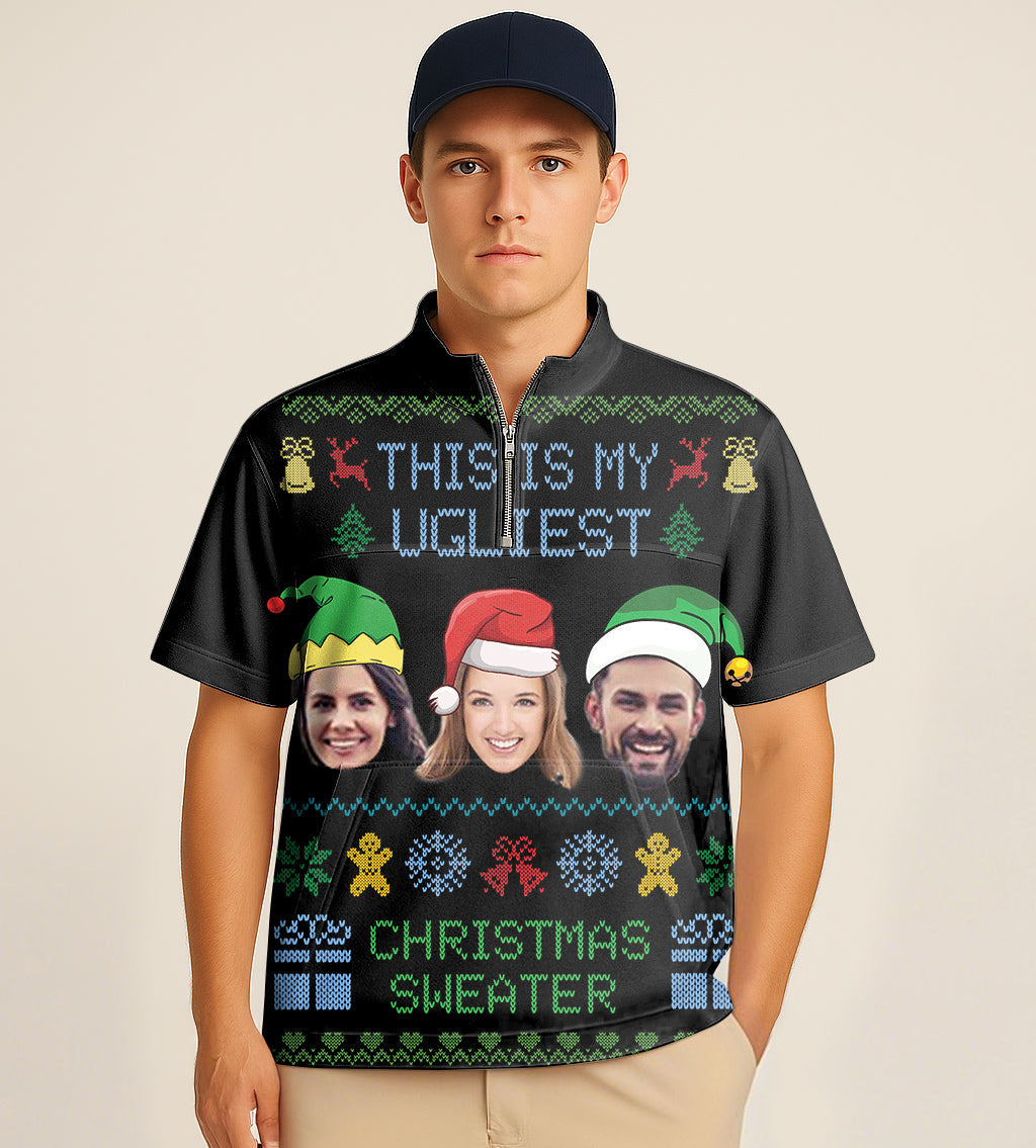 Black half zipper turtleneck golf shirt with custom Christmas face embroidery and festive design