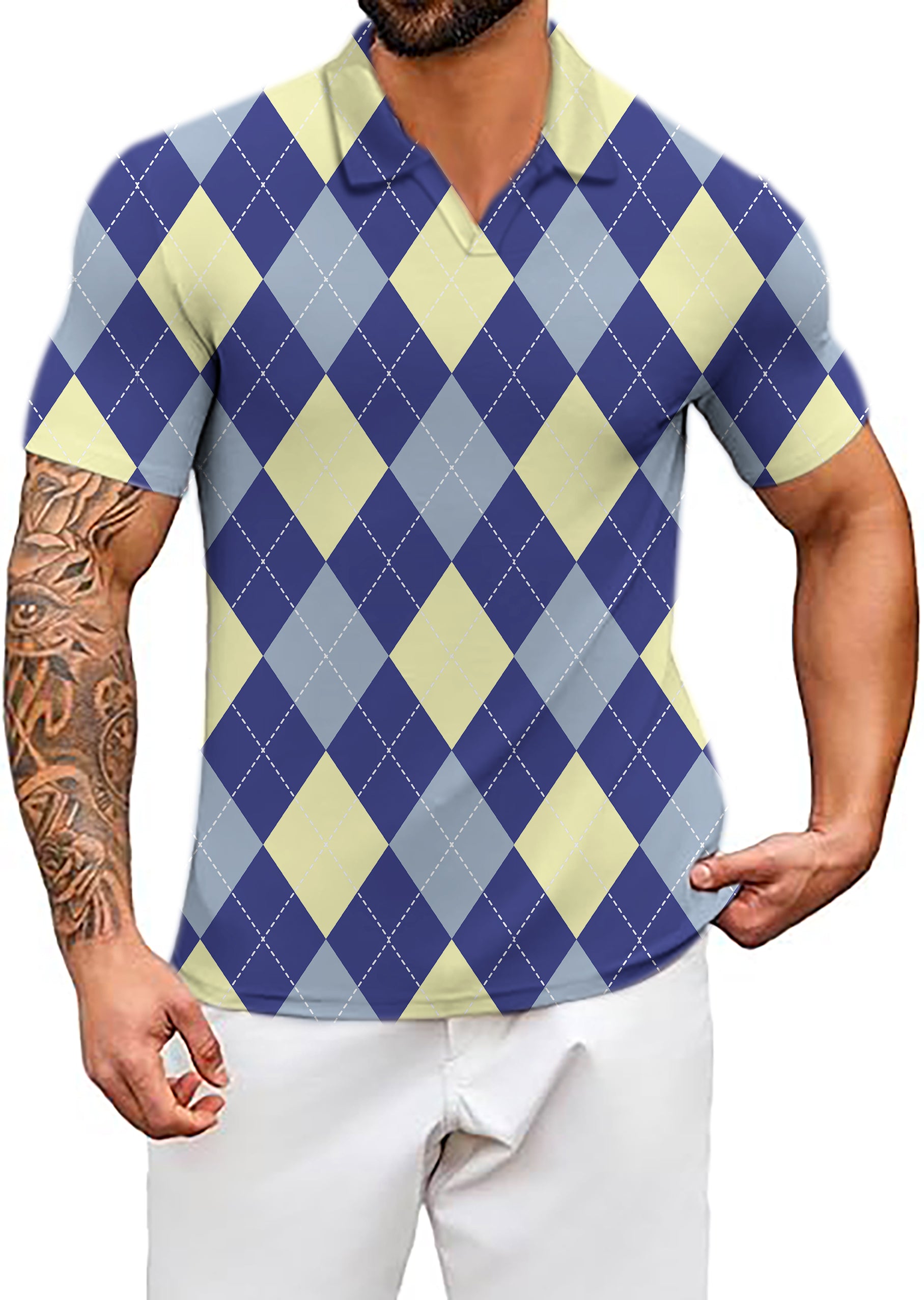 Men's blue Argyle V Neck Golf Polo Shirts