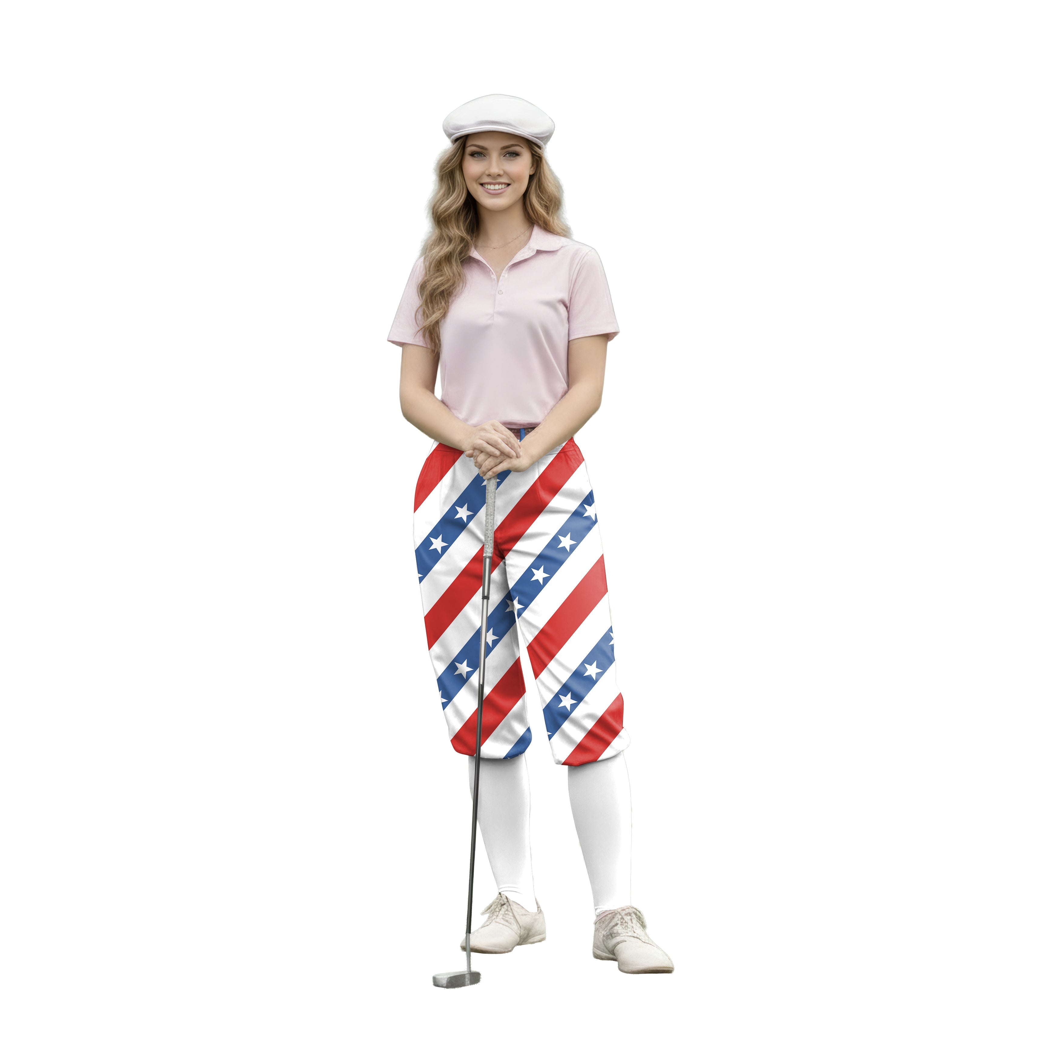Woman wearing American President Day themed golf knickers with stars and stripes pattern holding a golf club