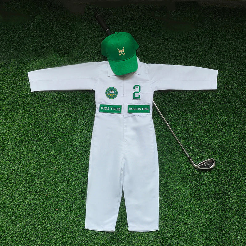 Custom Golf Long Pants Suit for kids Golf White-Green Suit Children's Jumpsuit Baby Golf Birthday Uniform With Hat