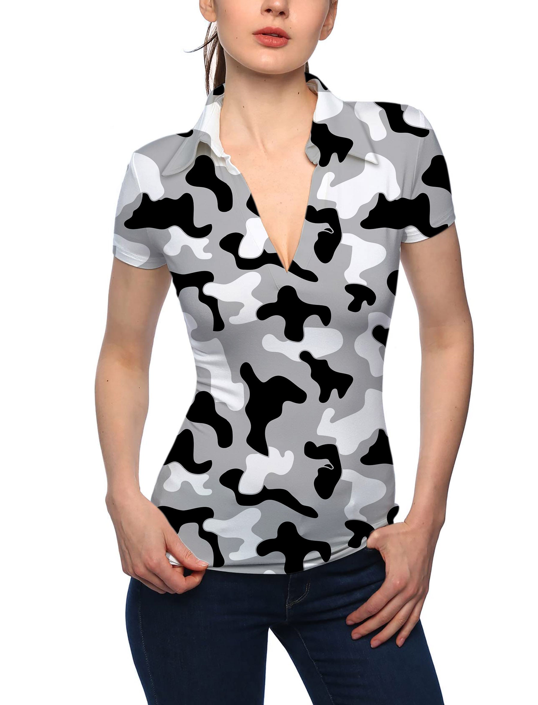 Women's Grey camouflage V Neck Golf Polo limited edition