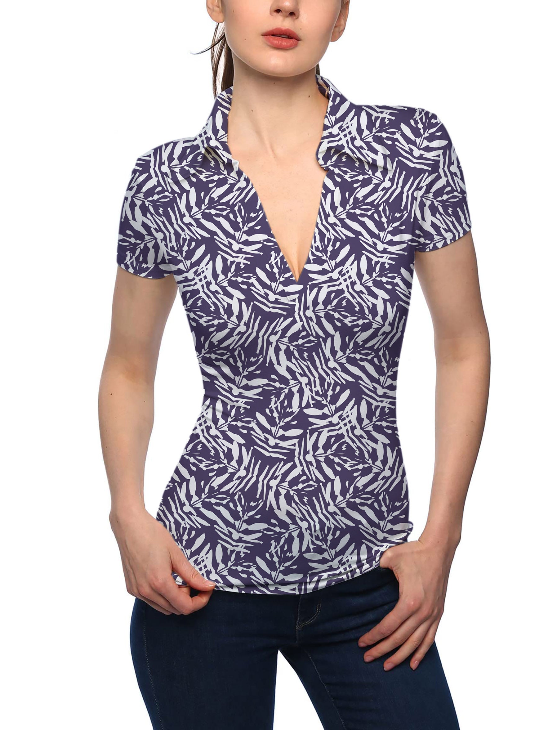 Women's abstract Navy V Neck Golf Polo