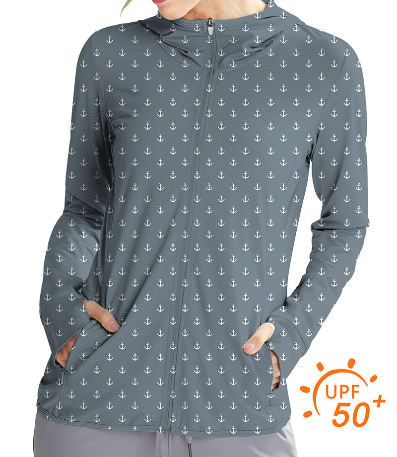 Women's outdoor gray anchor print slim fit zip hoodie with thumb holes and UPF 50+ sun protection