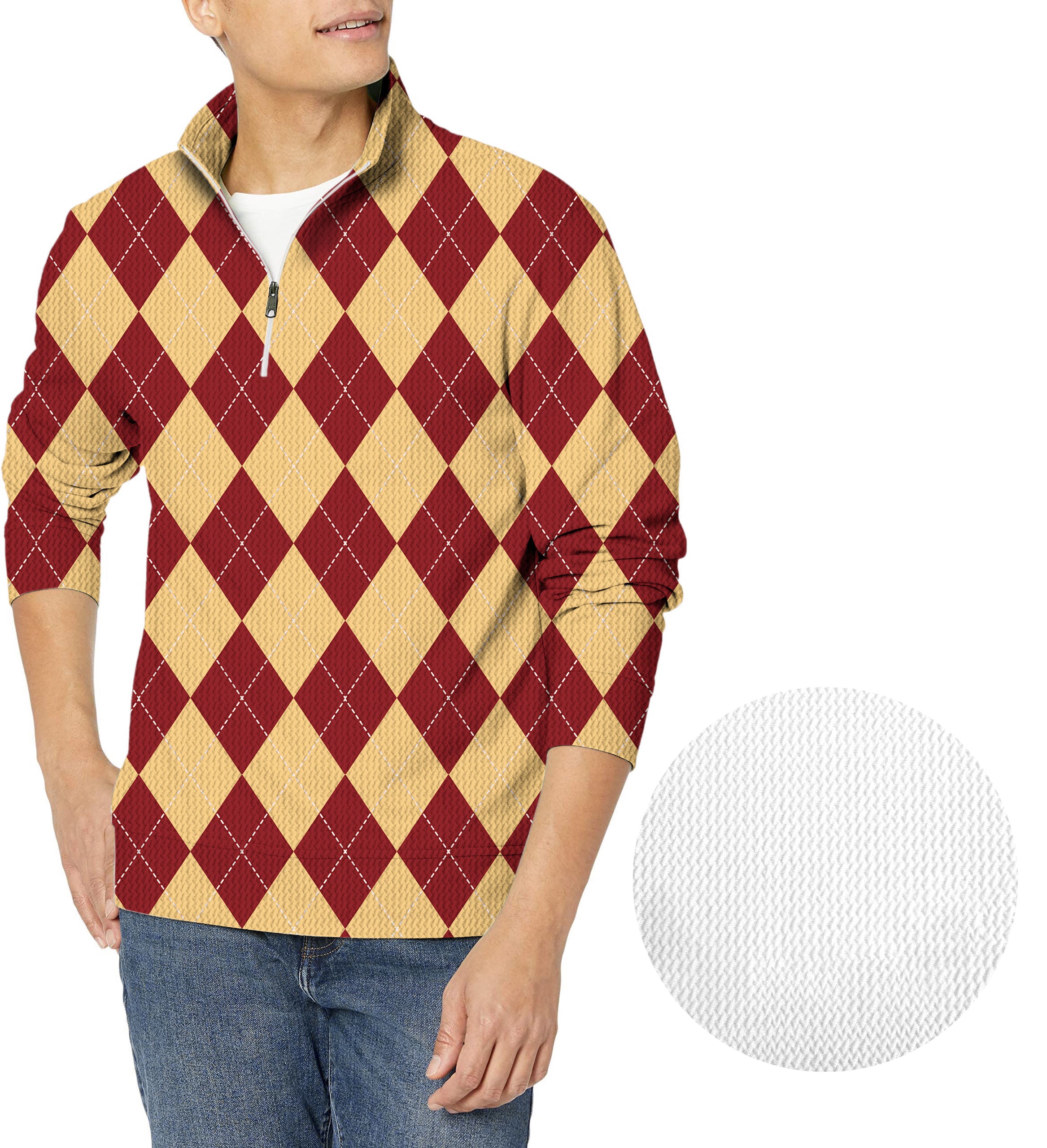 yellow red Argyle-Men's Golf Waffle Zipper Pullover