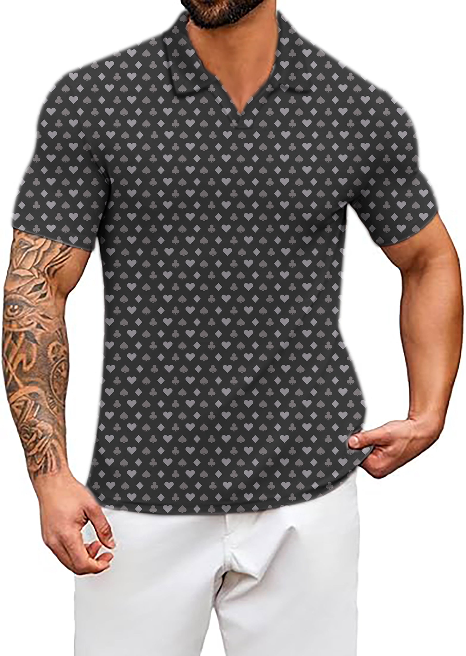 Men's Poker Pattern V Neck Golf Polo Shirts