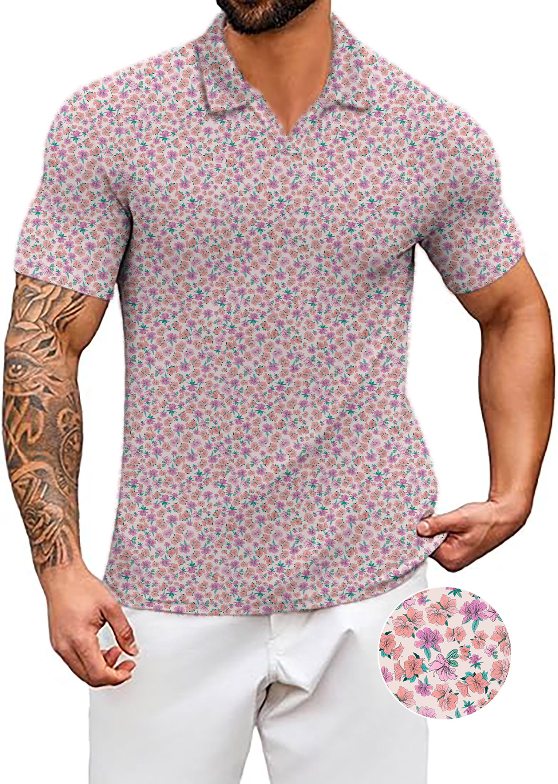 Men's Flower World V Neck Golf Polo Shirts