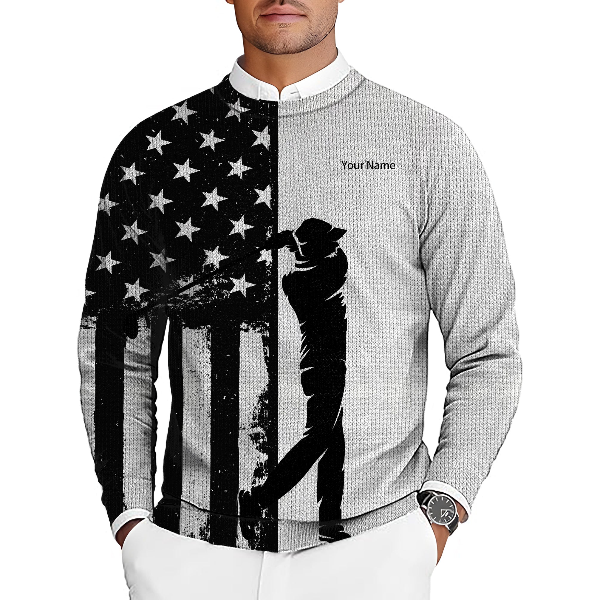 Personalized embroidery Your Name American Flag Men's Golf Crewneck Pullover Sweaters Ugly Sweater