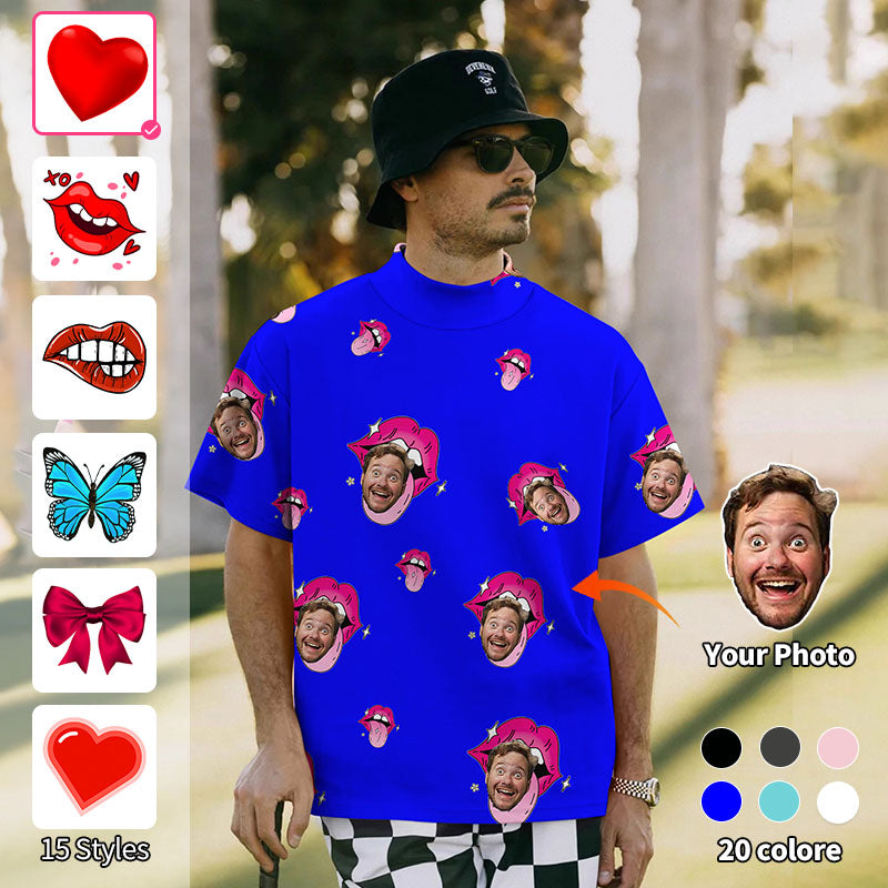 Valentine's Day Men's Custom Photo Face Custom Color Royal Love Mock Neck Long/Short Sleeve Golf Tops