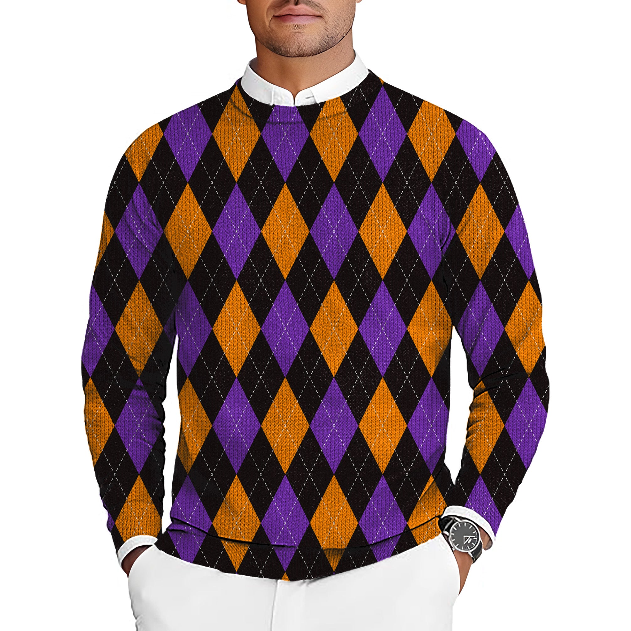 Orange purple and black argyle Men's Golf Crewneck Pullover Sweaters Ugly Sweater