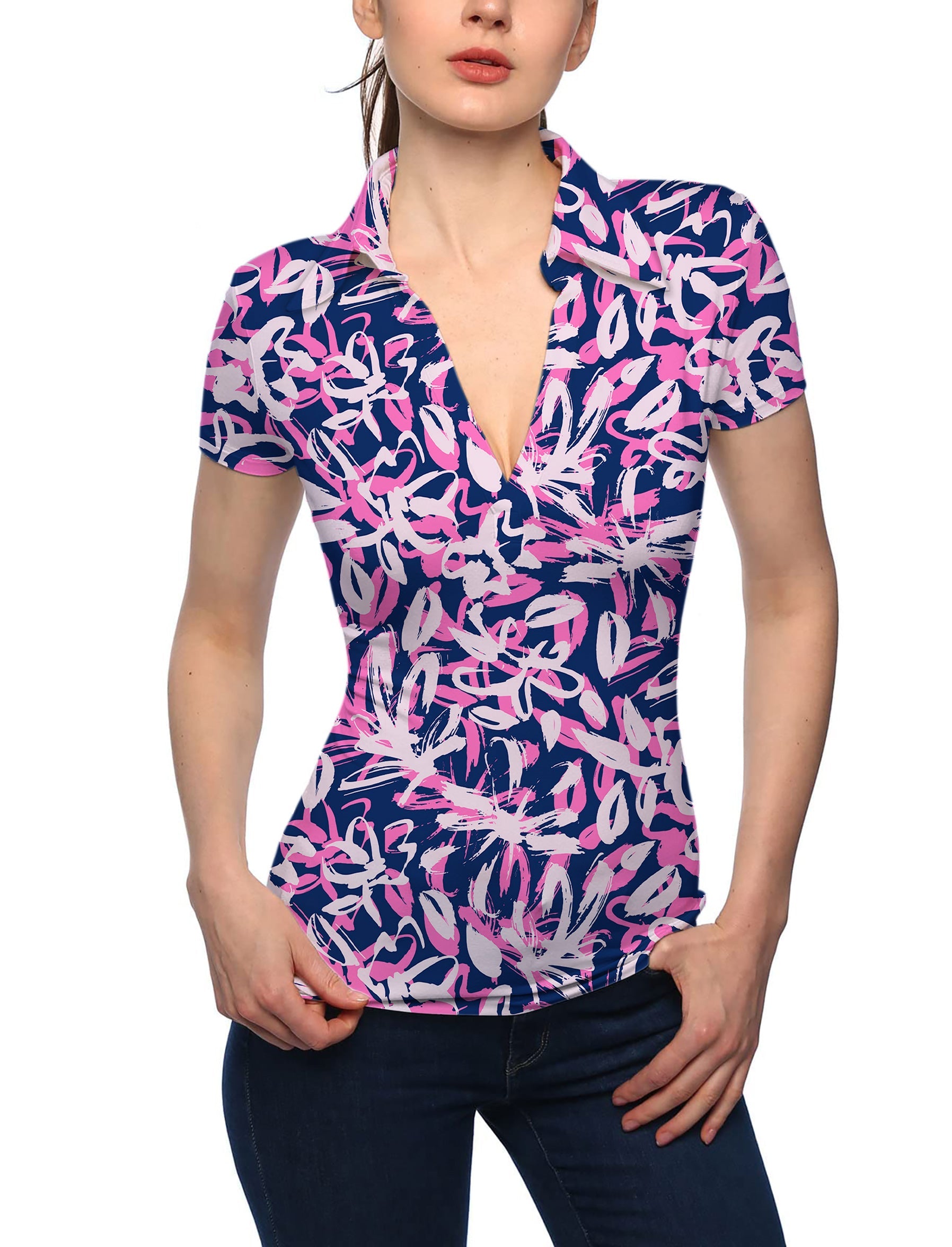 Women's Draw Flowers V-neck golf polo shirt with stand collar and floral pattern