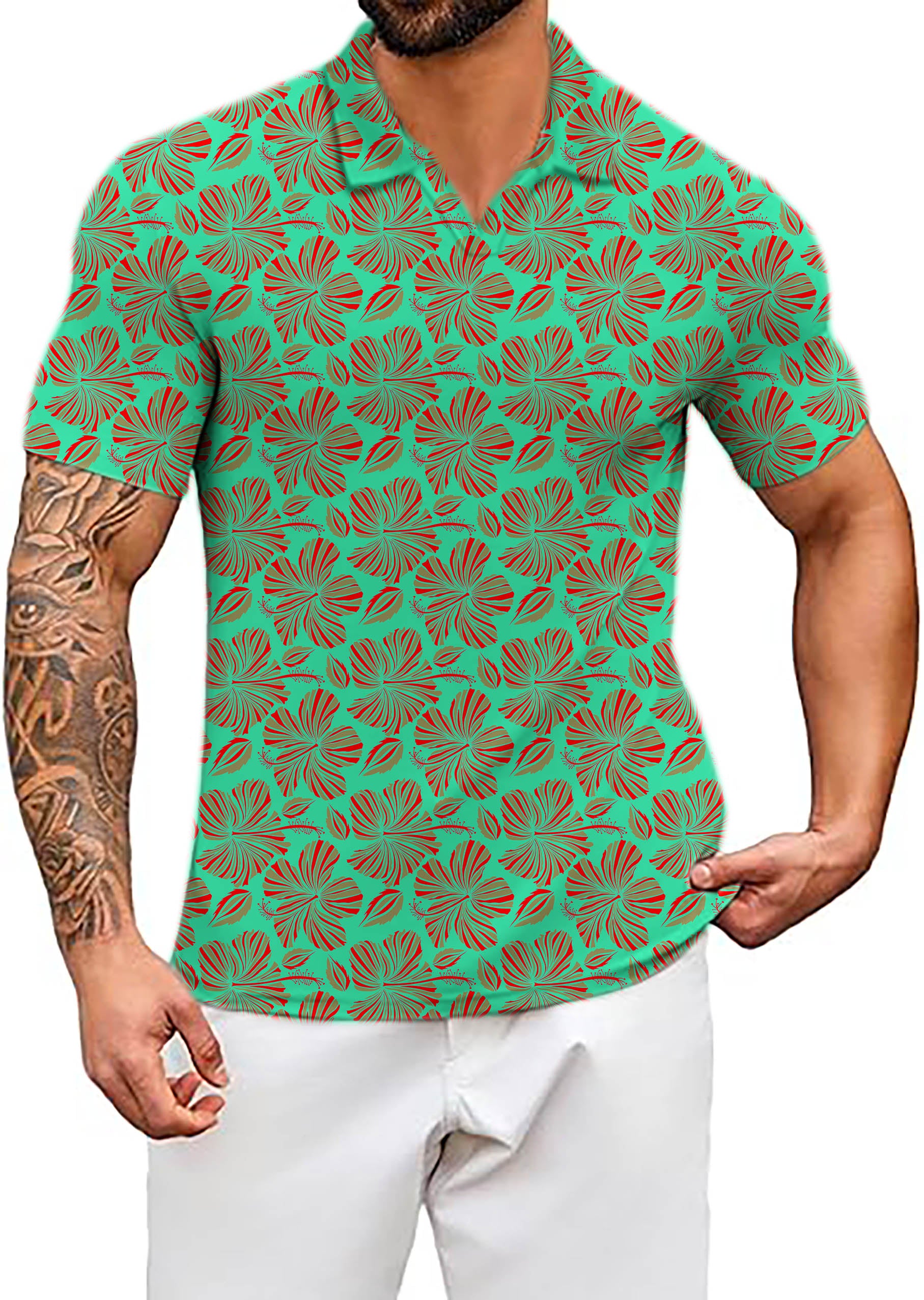 Men's GREEN FLOWERS V Neck Golf Polo Shirts