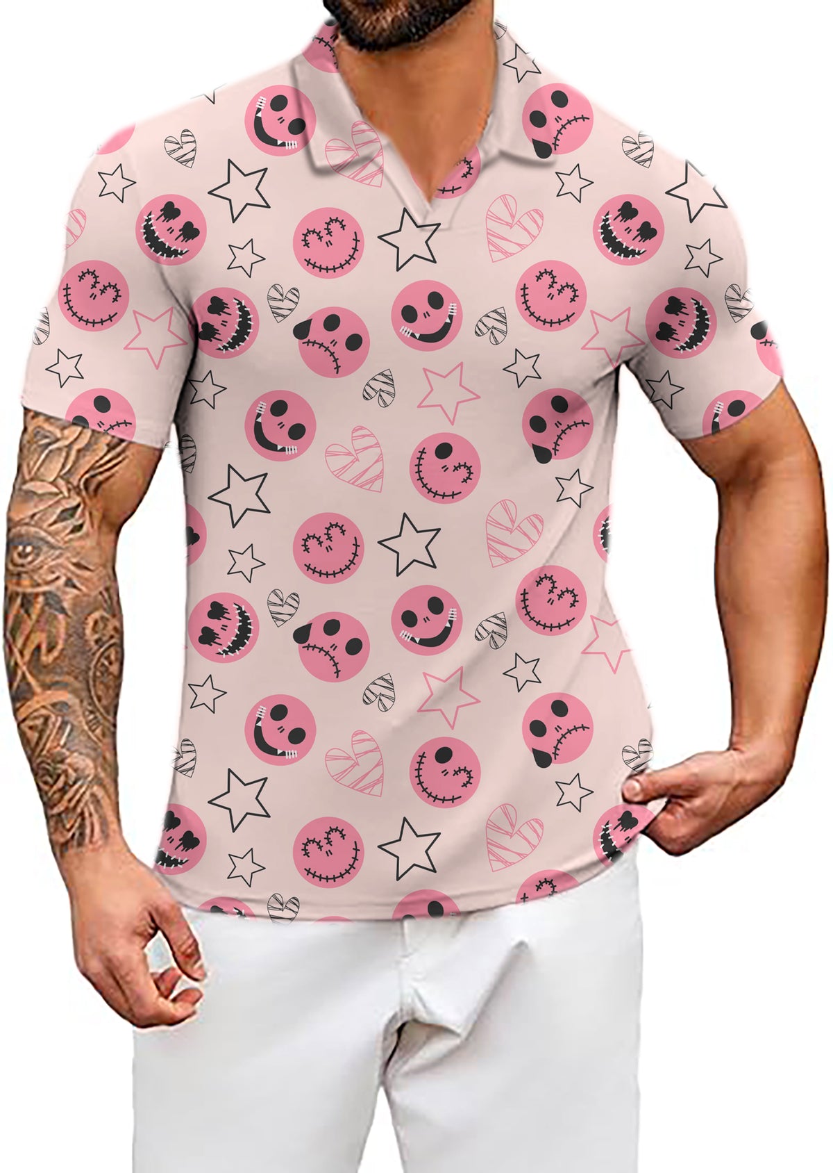 Men's Halloween pink smiley face V Neck Golf Polo Shirts