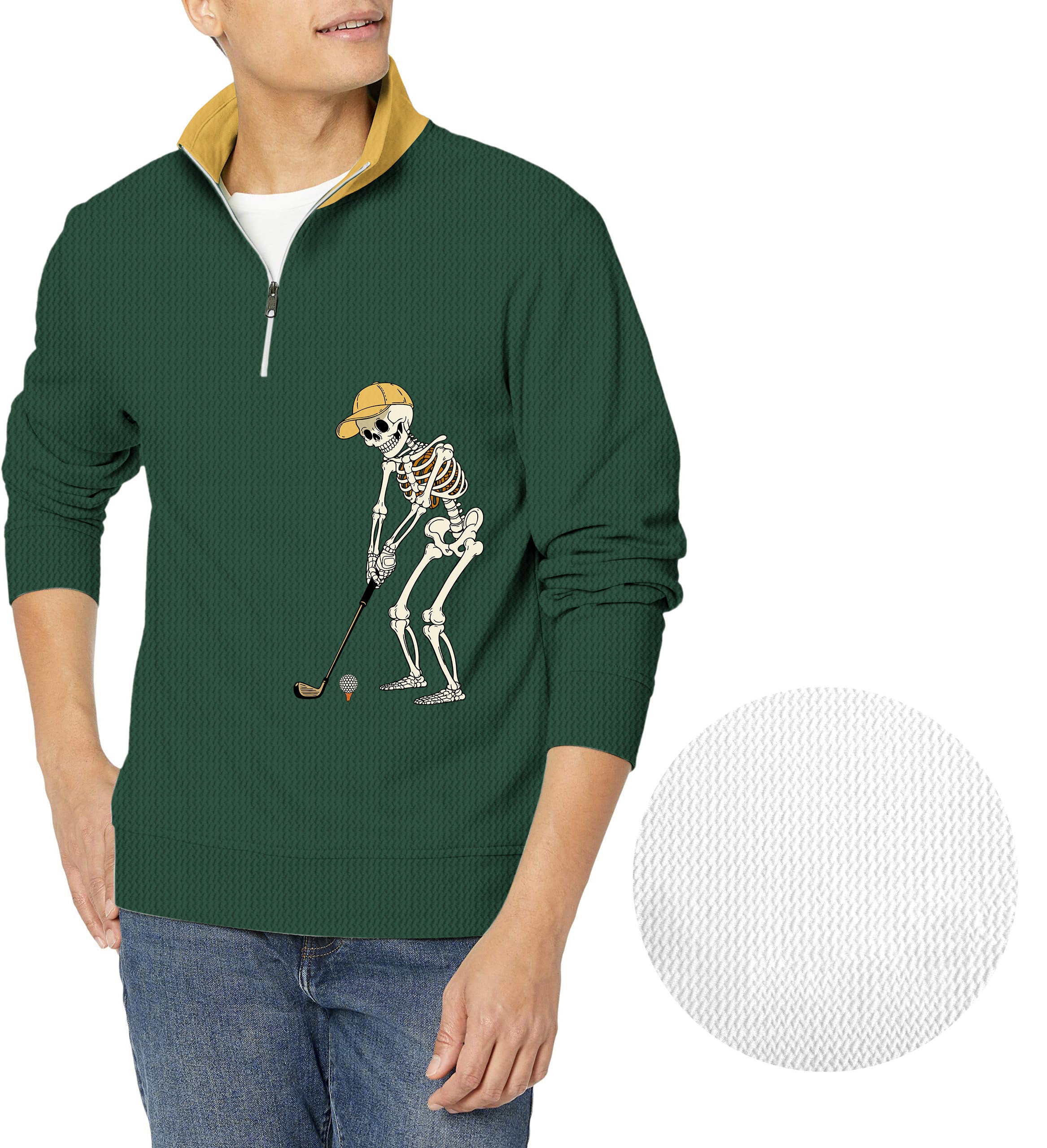 Yellow Green Halloween Skeleton Golf Men's Golf Waffle Zipper Pullover
