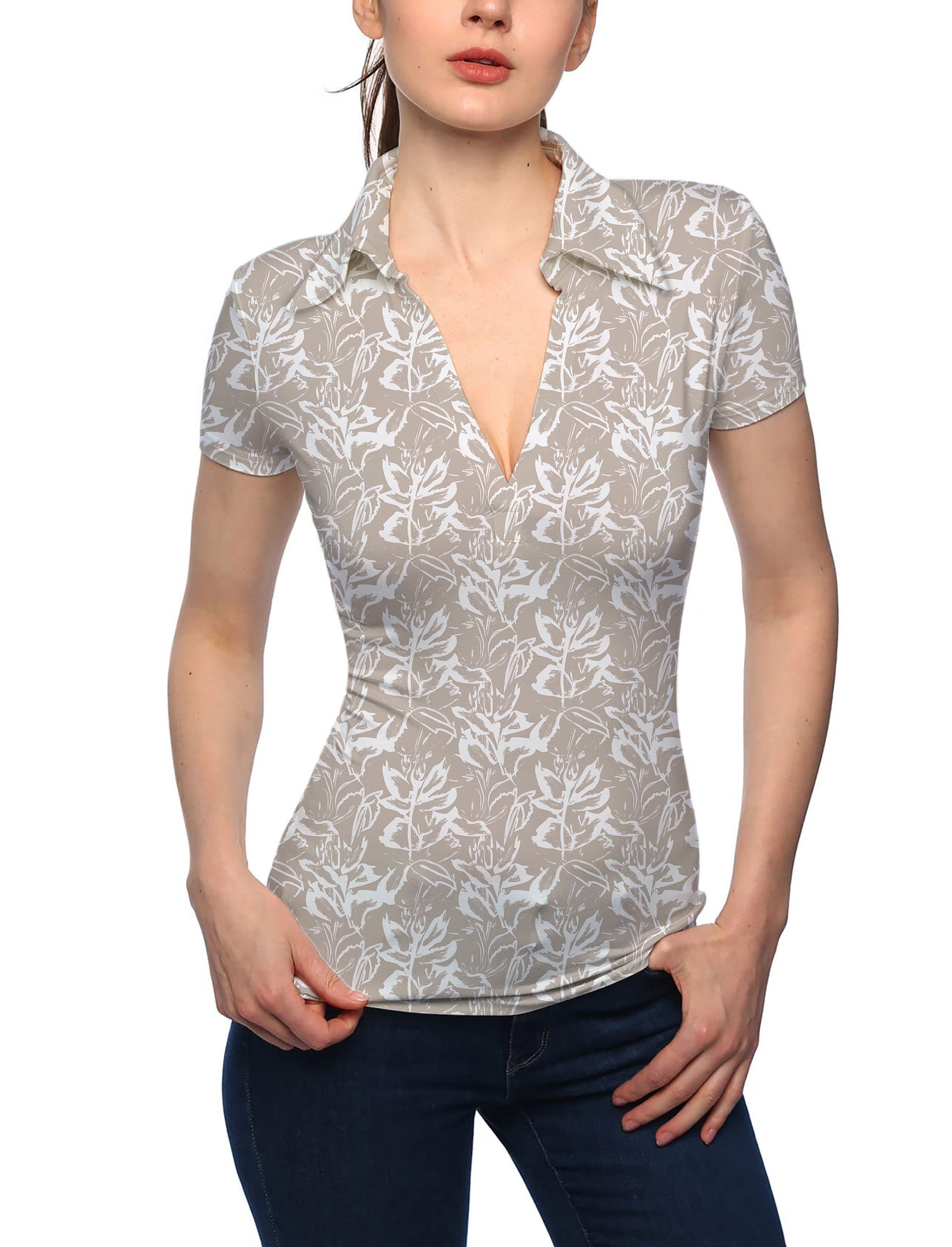 Women's Khaki flowers V Neck Golf Polo