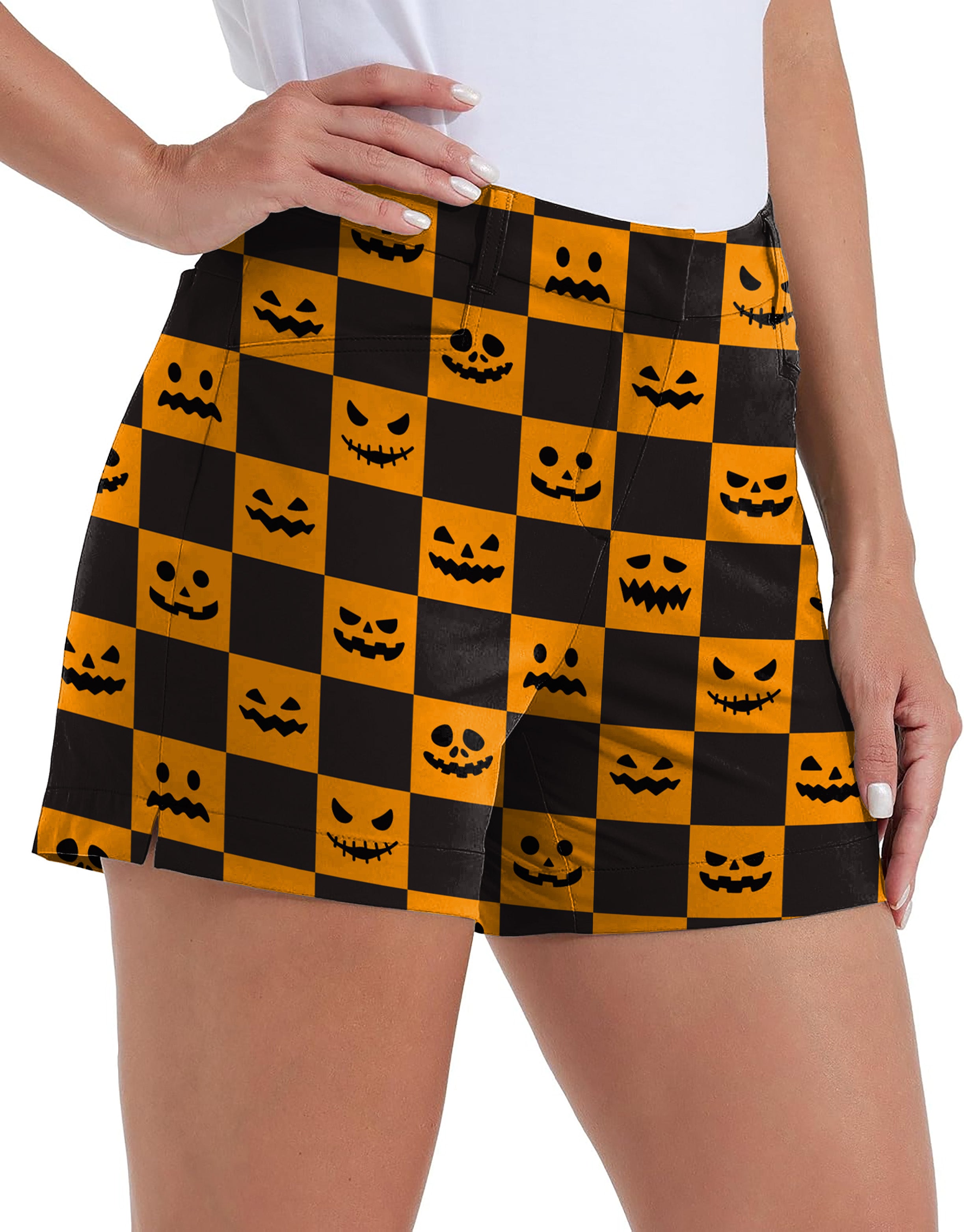 Halloween black and yellow checkerboard pumpkin Polo Own Logo 4.5/7/10 Golf Shorts Quick-Drying Woman Outdoor Casual Shorts With Pockets Waterproof