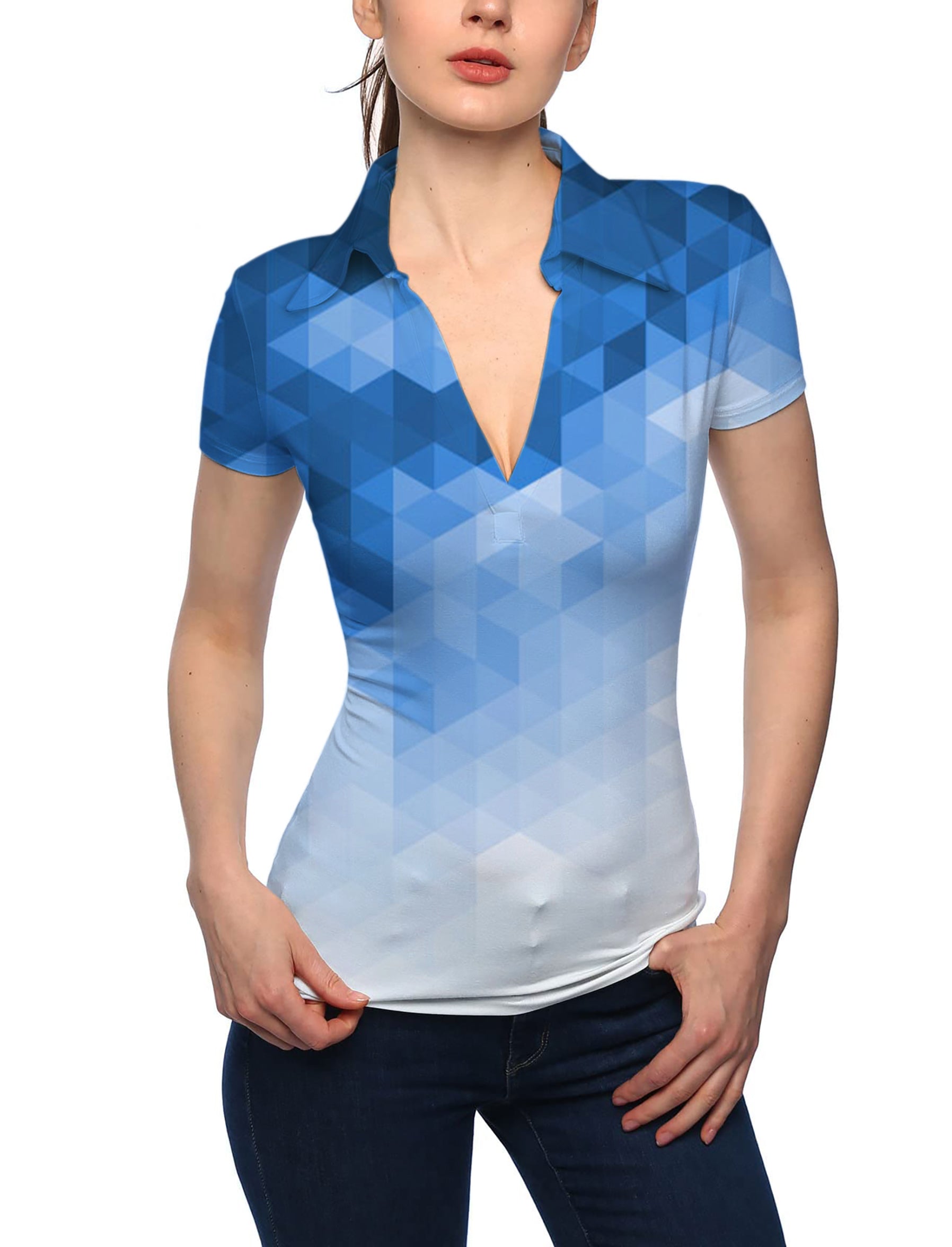 Women's Abstract Blue Background With Triangular Pattern V Neck Golf Polo