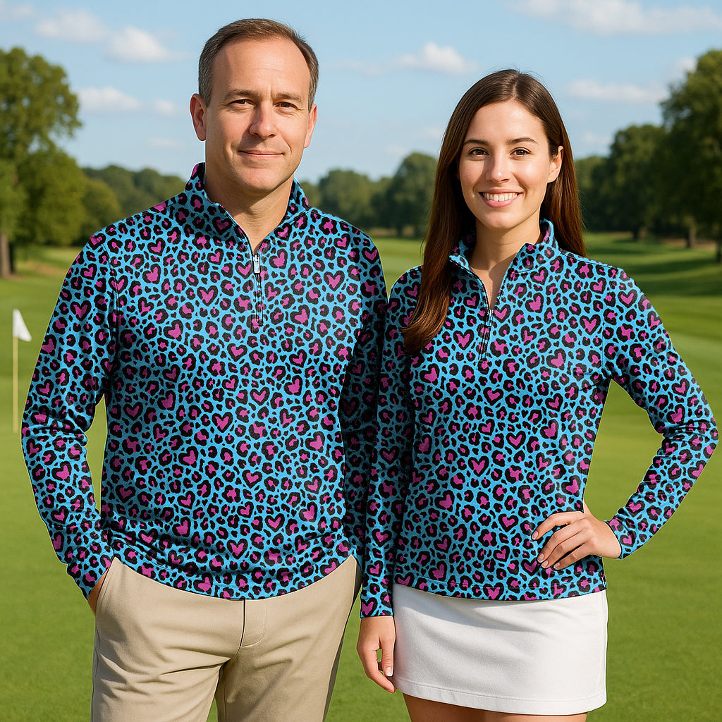 Pink leopard print Couple Golf Active 3/4 Zipper Top Long Sleeves