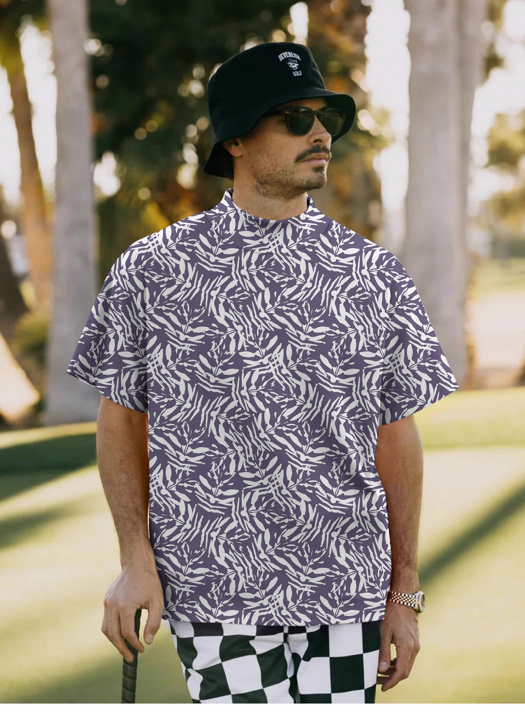 Men's abstract Navy Pullover High neck Long/Short sleeve T-Shirt